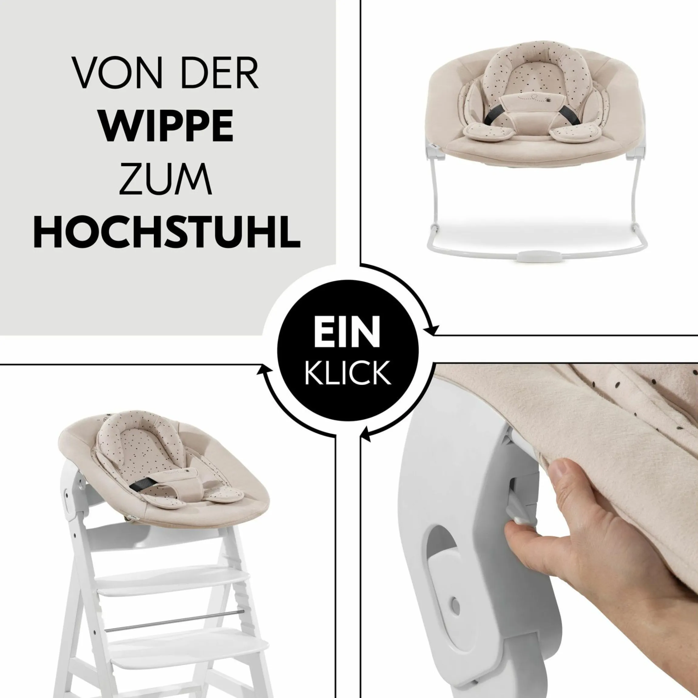 Alpha Plus White 4-tlg. Newborn Set Disney Pooh - Hochstuhl + Neugeborenenaufsatz & Wippe + Sitzkissen