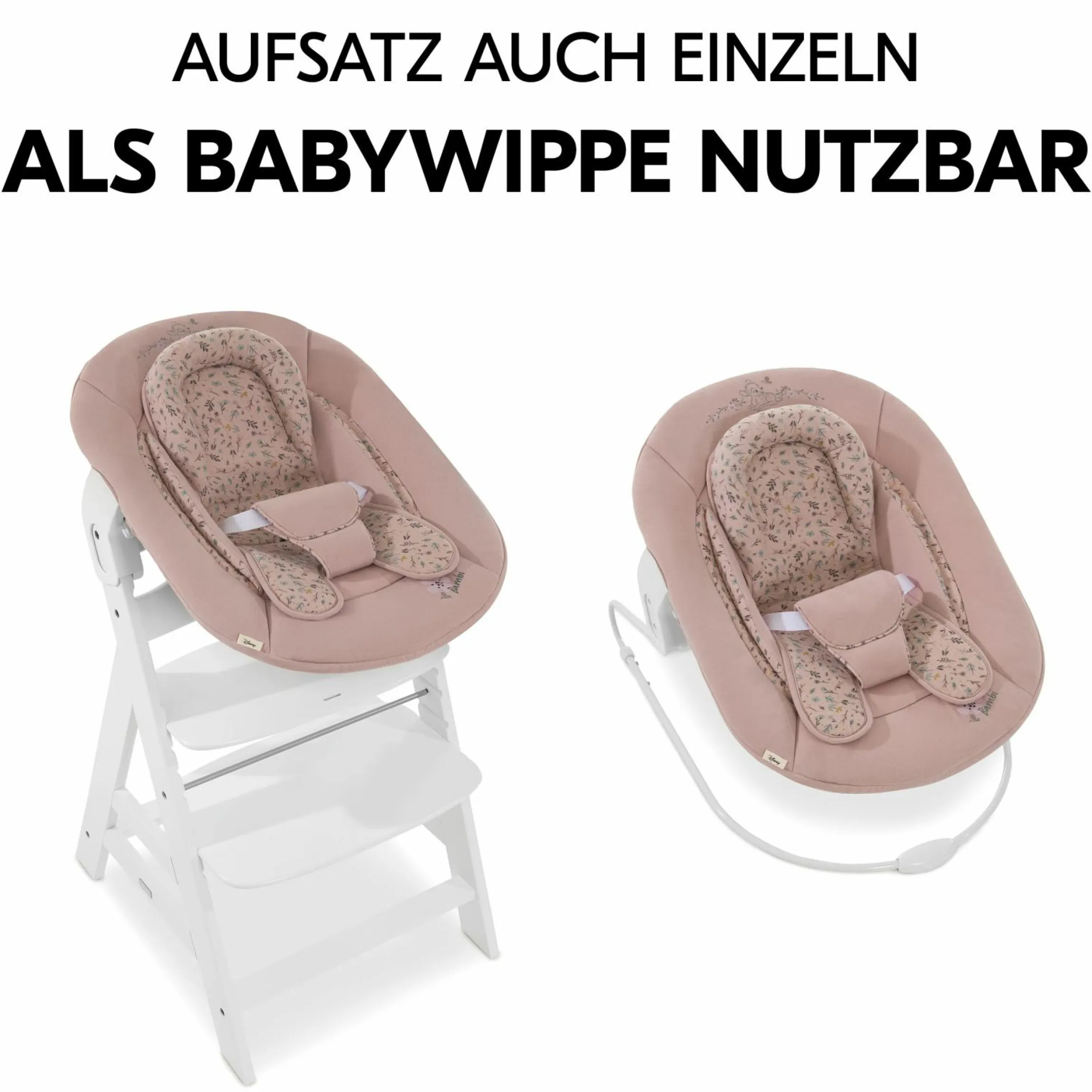 Alpha Plus White 4-tlg. Newborn Set Disney - Hochstuhl + 2in1 Babyaufsatz & Wippe Bambi + Sitzkissen Minnie Mouse - Rose