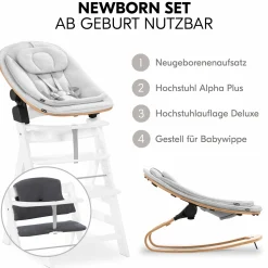 Alpha Plus White 4-tlg. Newborn Set Eco - Hochstuhl + 2in1 Babyaufsatz & Wippe + Sitzkissen - Light Grey / Charcoal