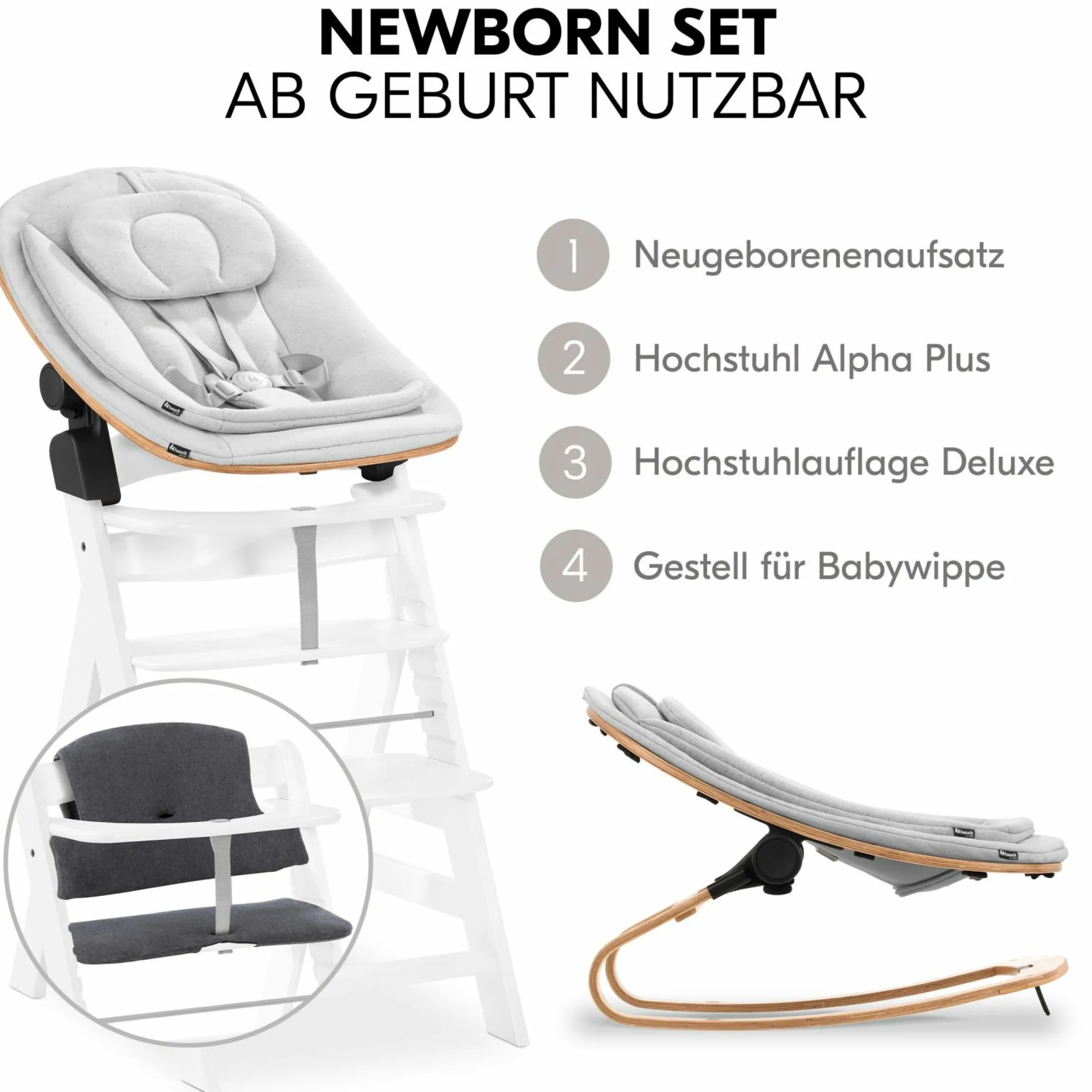 Alpha Plus White 4-tlg. Newborn Set Eco - Hochstuhl + 2in1 Babyaufsatz & Wippe + Sitzkissen - Light Grey / Charcoal