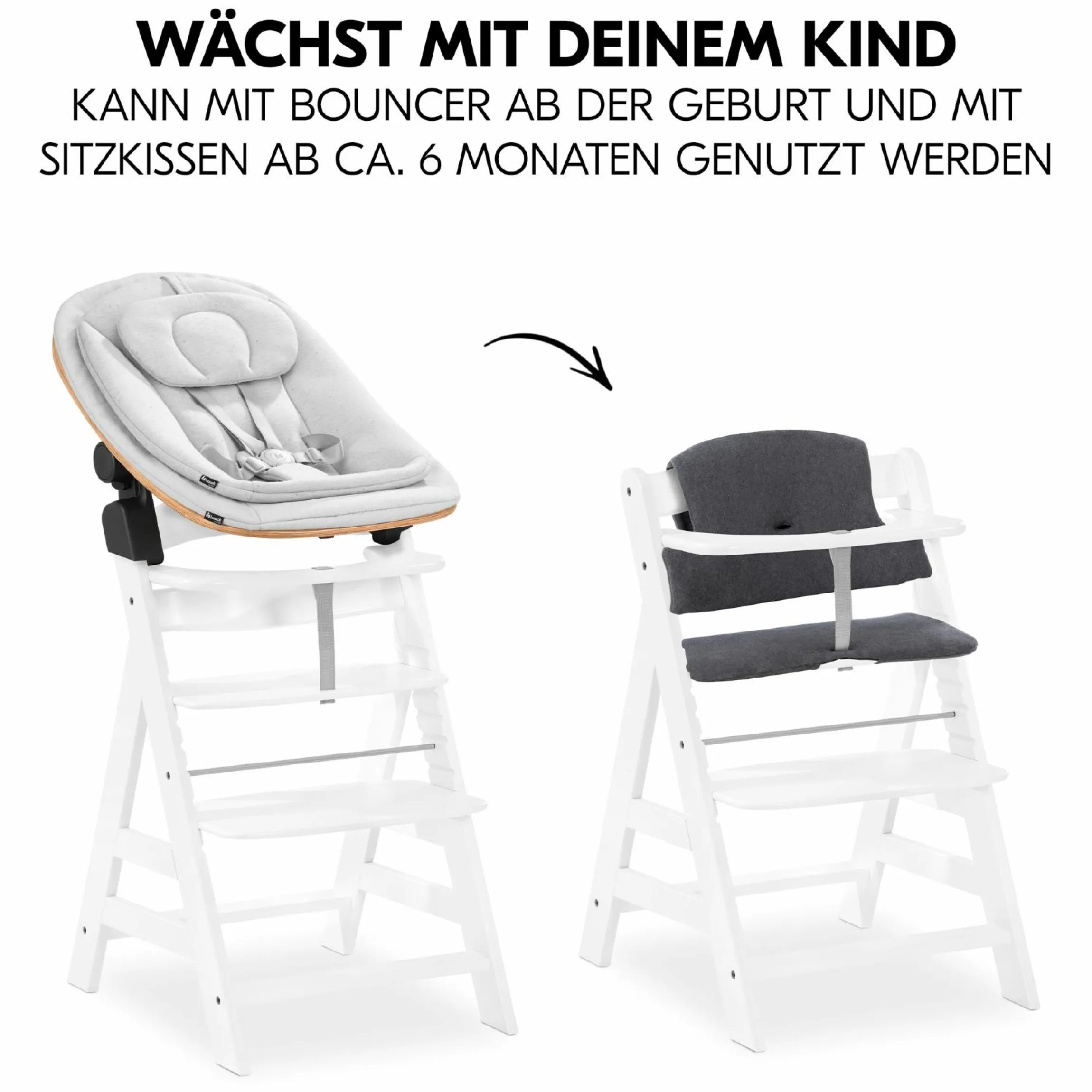 Alpha Plus White 4-tlg. Newborn Set Eco - Hochstuhl + 2in1 Babyaufsatz & Wippe + Sitzkissen - Light Grey / Charcoal
