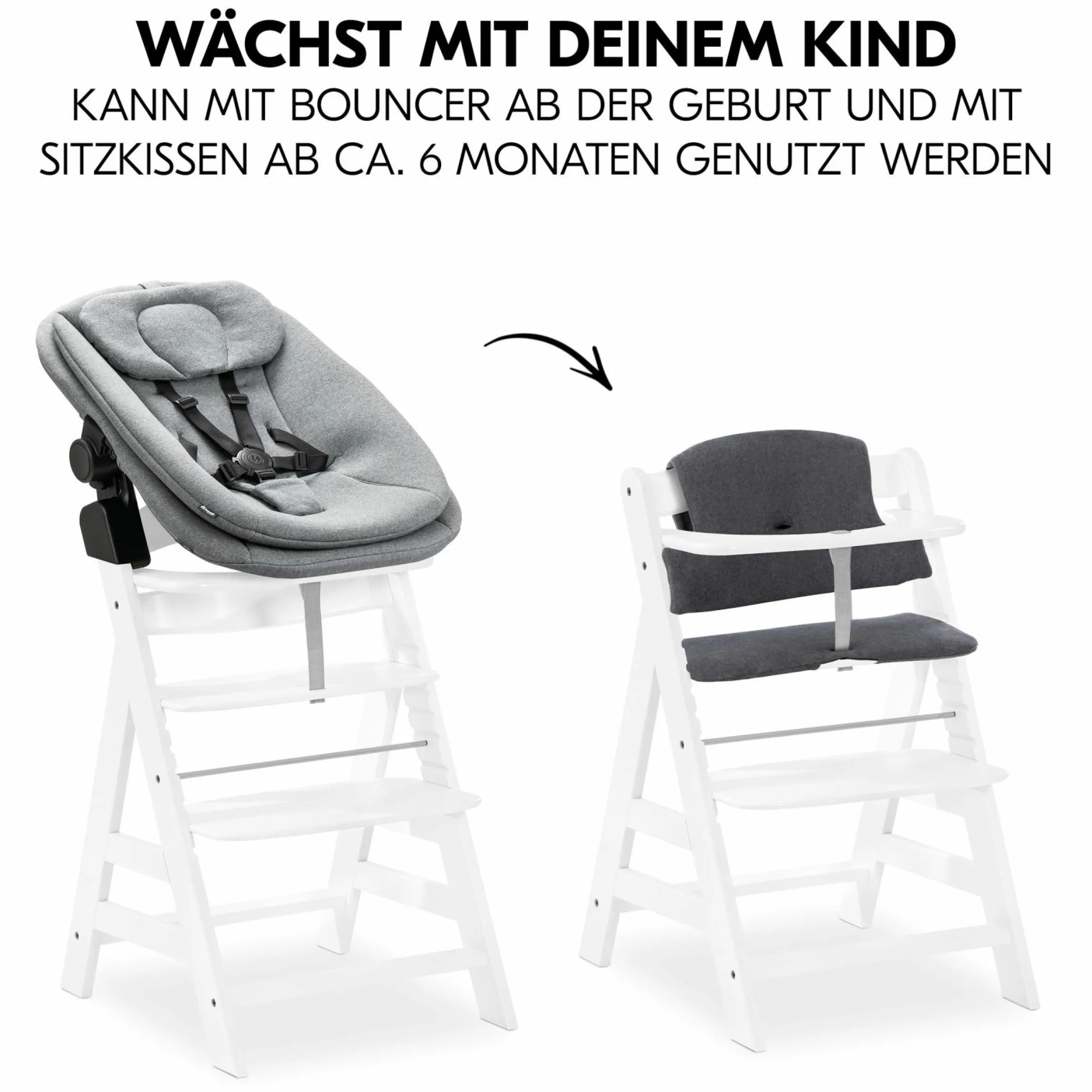 Alpha Plus White 4-tlg. Newborn Set - Hochstuhl + 2in1 Babyaufsatz & Wippe + Sitzkissen - Dark Grey Melange