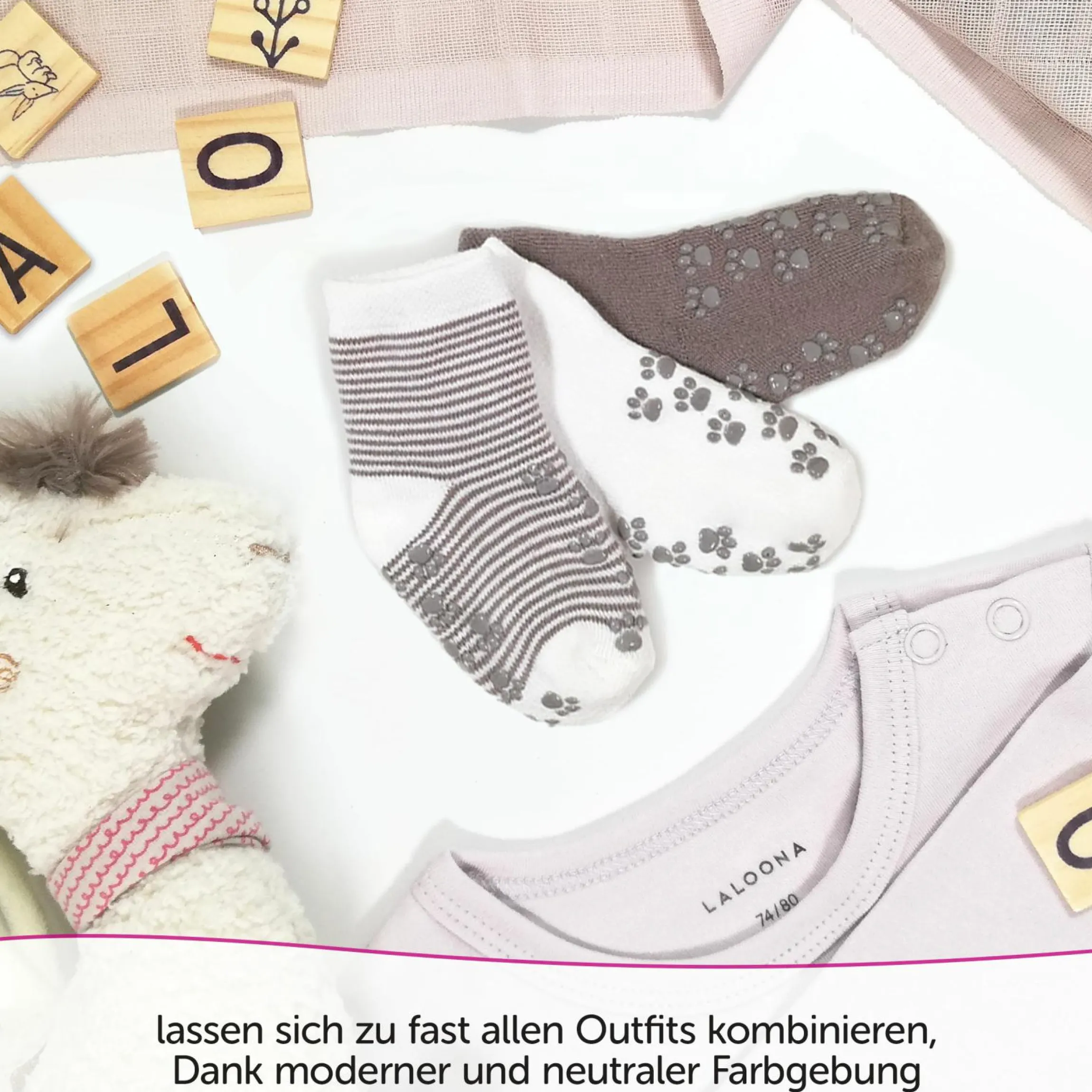 Anti-Rutsch Socken / Krabbelsocken / Stoppersocken 5er Pack - Natur - Gr. 19/20