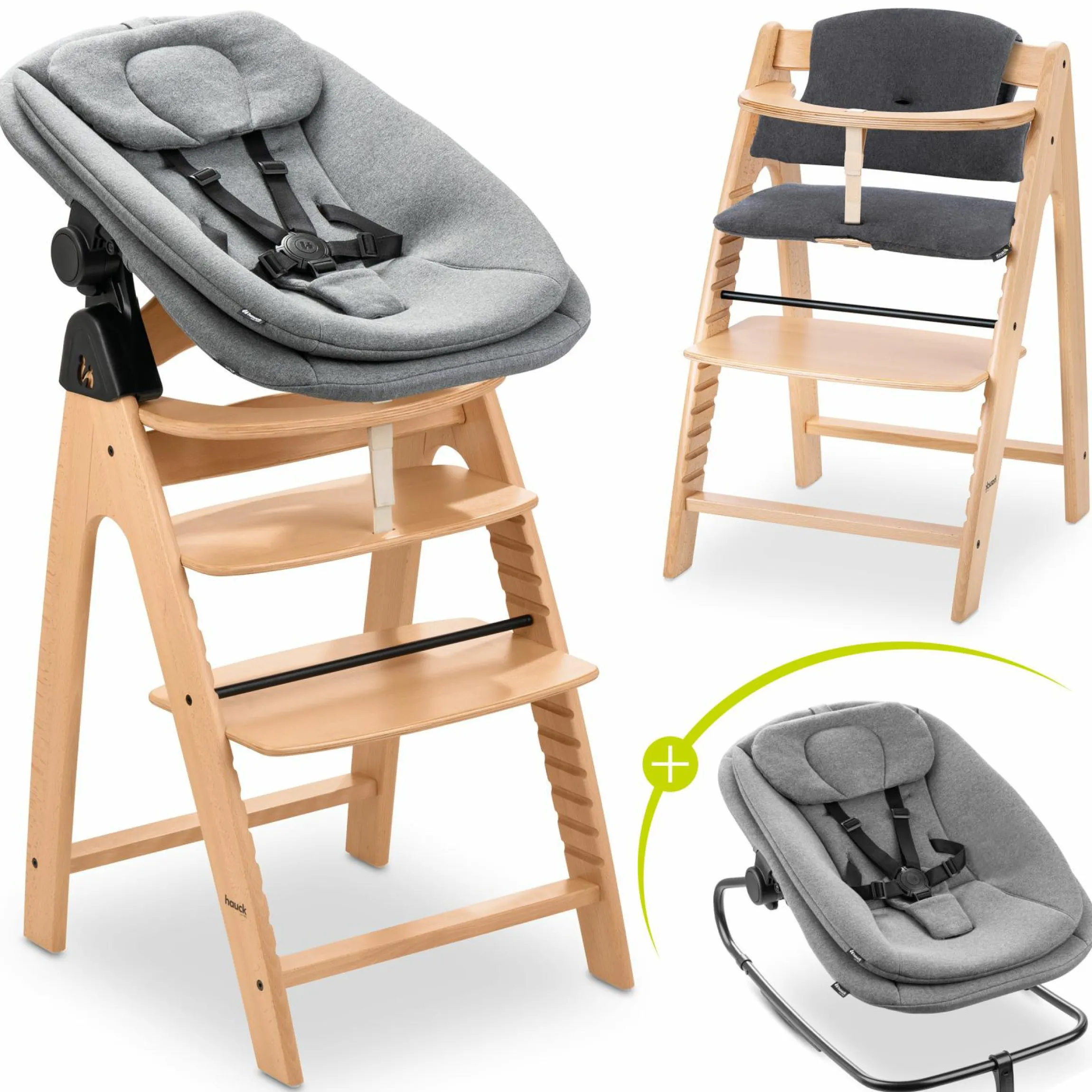 Arketa Beech 4-tlg. Newborn Set - Hochstuhl + 2in1 Babyaufsatz & Wippe + Sitzkissen - Melange Dark Grey
