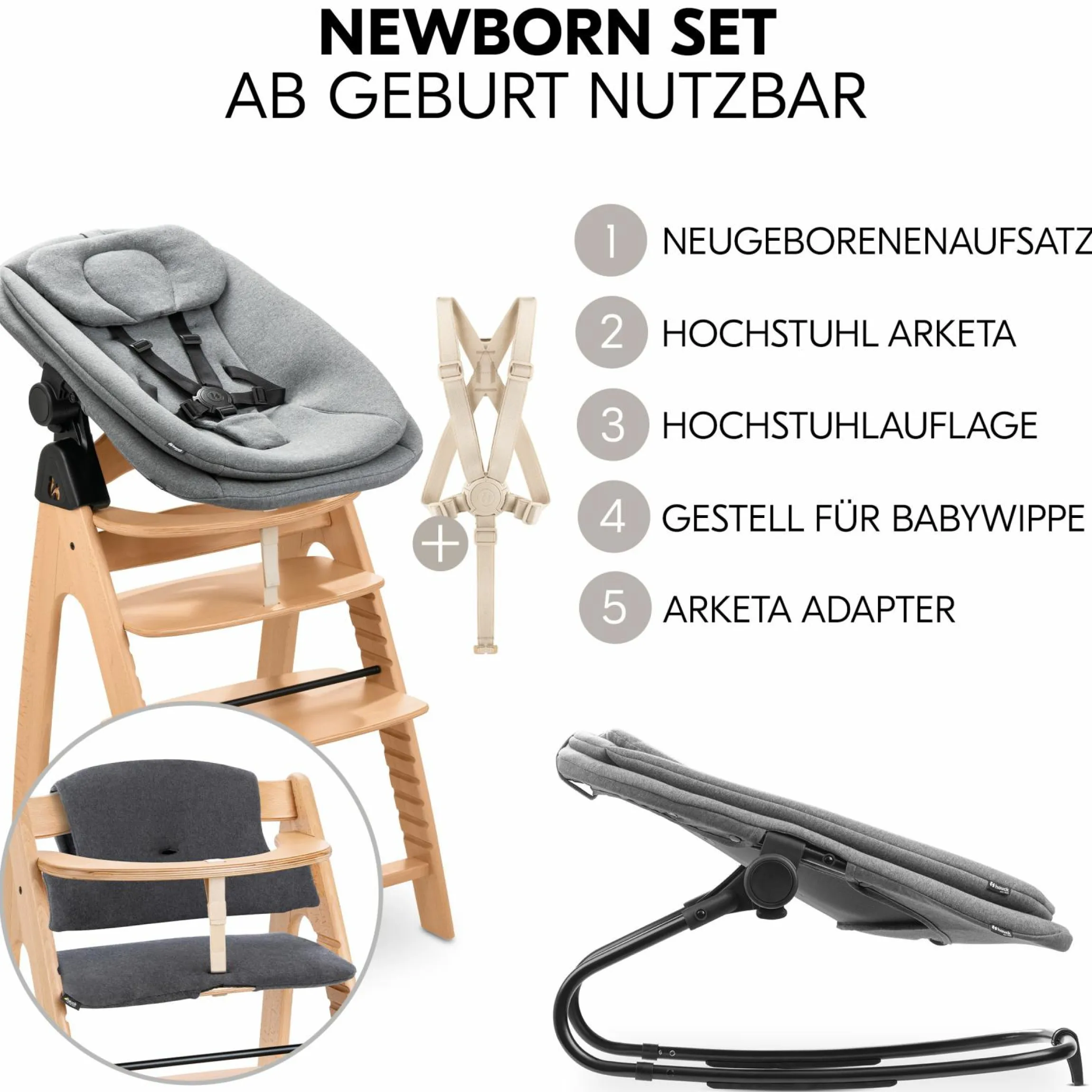 Arketa Beech 4-tlg. Newborn Set - Hochstuhl + 2in1 Babyaufsatz & Wippe + Sitzkissen - Melange Dark Grey