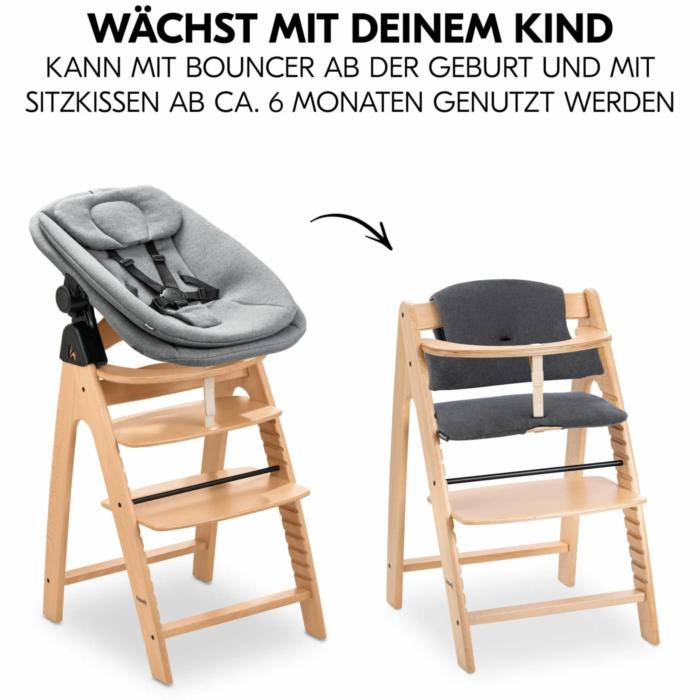 Arketa Beech 4-tlg. Newborn Set - Hochstuhl + 2in1 Babyaufsatz & Wippe + Sitzkissen - Melange Dark Grey
