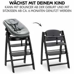 Arketa Blackwashed 4-tlg. Newborn Set - Hochstuhl + 2in1 Babyaufsatz & Wippe + Sitzkissen - Melange Dark Grey