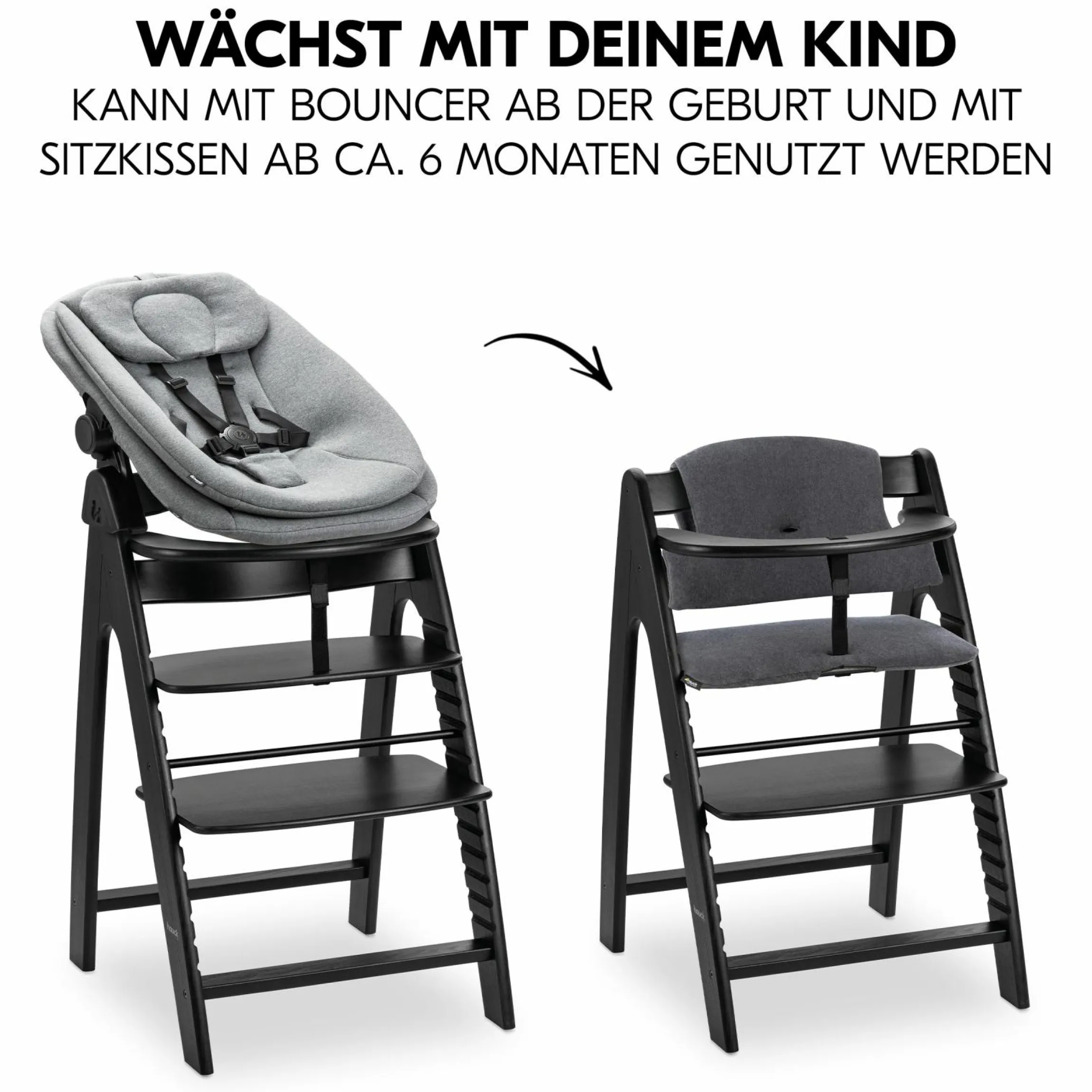 Arketa Blackwashed 4-tlg. Newborn Set - Hochstuhl + 2in1 Babyaufsatz & Wippe + Sitzkissen - Melange Dark Grey