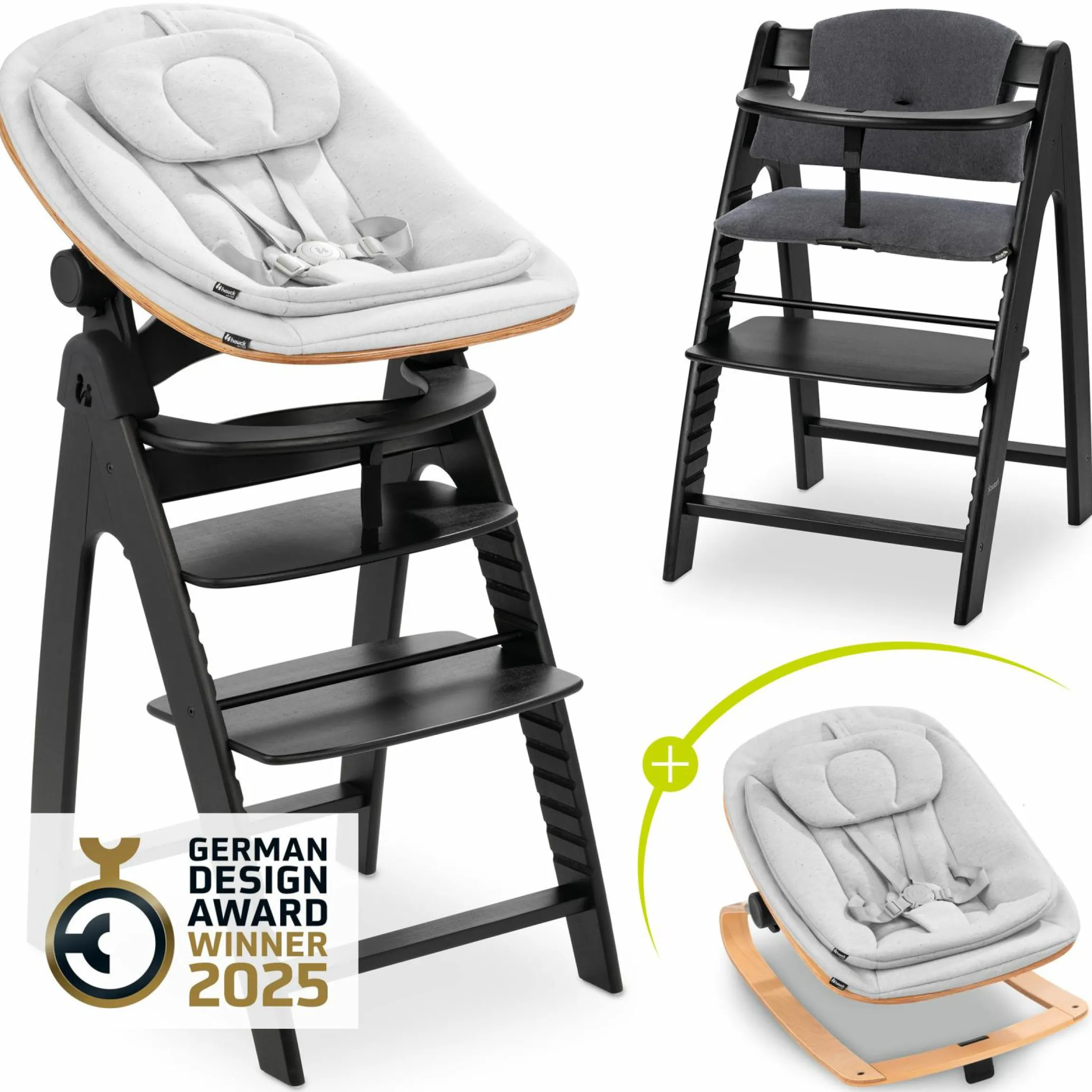 Arketa Blackwashed 4-tlg. Newborn Set Eco - Hochstuhl + 2in1 Babyaufsatz & Wippe + Sitzkissen - Light Grey / Charcoal
