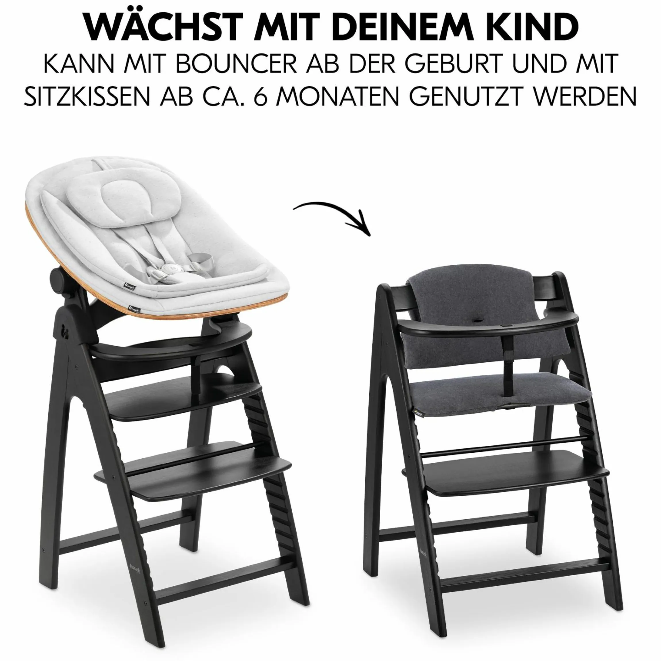 Arketa Blackwashed 4-tlg. Newborn Set Eco - Hochstuhl + 2in1 Babyaufsatz & Wippe + Sitzkissen - Light Grey / Charcoal