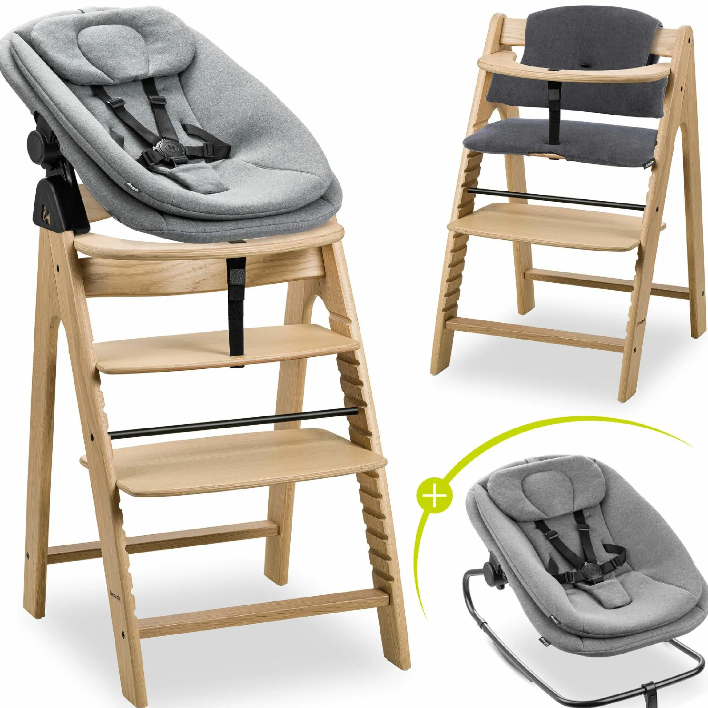 Arketa Oak 4-tlg. Newborn Set - Hochstuhl + 2in1 Babyaufsatz & Wippe + Sitzkissen - Melange Dark Grey