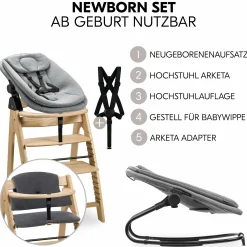 Arketa Oak 4-tlg. Newborn Set - Hochstuhl + 2in1 Babyaufsatz & Wippe + Sitzkissen - Melange Dark Grey