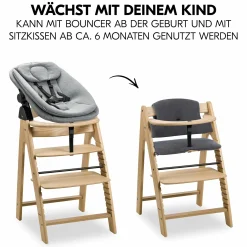 Arketa Oak 4-tlg. Newborn Set - Hochstuhl + 2in1 Babyaufsatz & Wippe + Sitzkissen - Melange Dark Grey