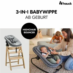 Arketa Oak 4-tlg. Newborn Set - Hochstuhl + 2in1 Babyaufsatz & Wippe + Sitzkissen - Melange Dark Grey