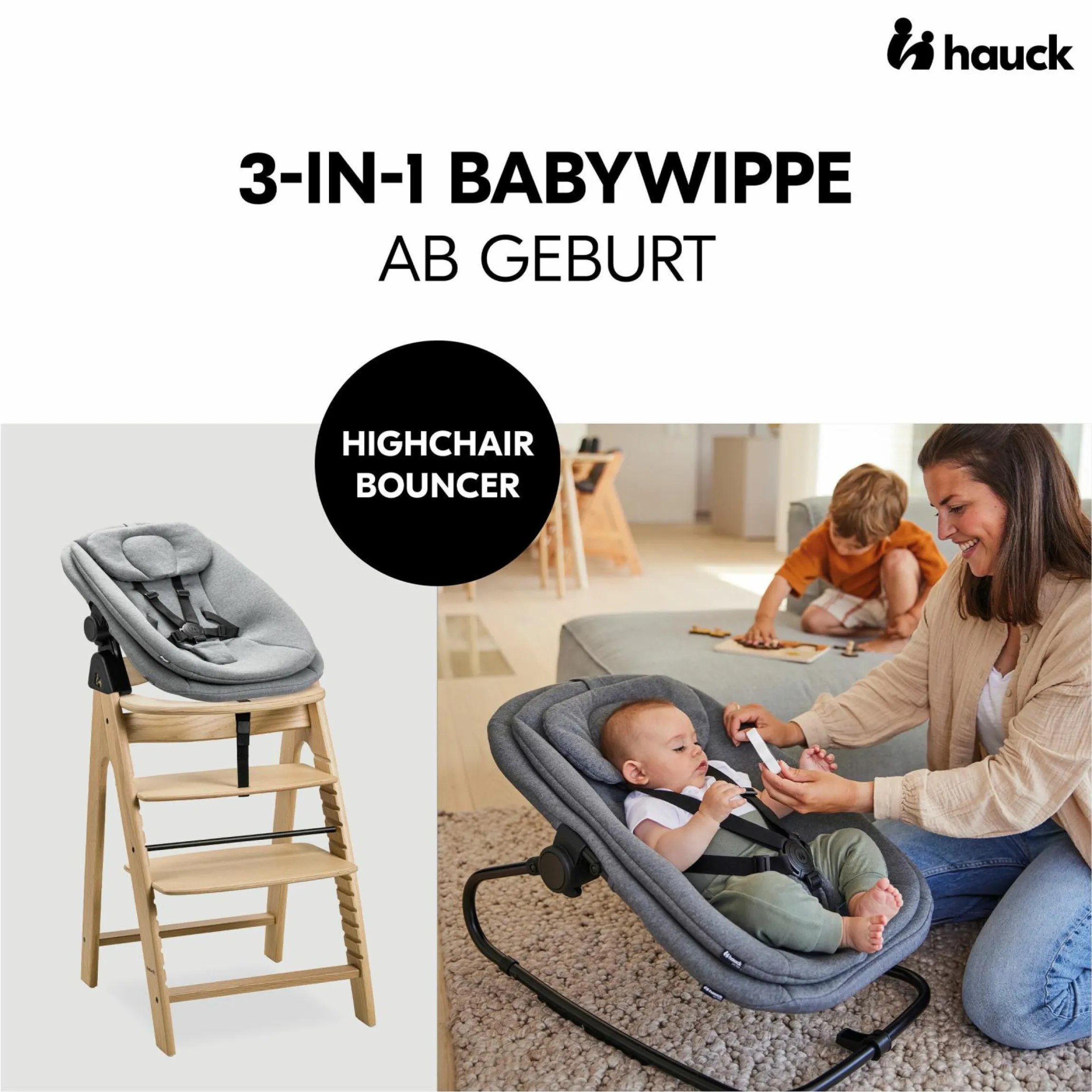 Arketa Oak 4-tlg. Newborn Set - Hochstuhl + 2in1 Babyaufsatz & Wippe + Sitzkissen - Melange Dark Grey