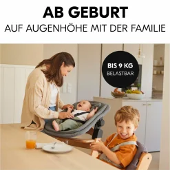 Arketa Oak 4-tlg. Newborn Set - Hochstuhl + 2in1 Babyaufsatz & Wippe + Sitzkissen - Melange Dark Grey
