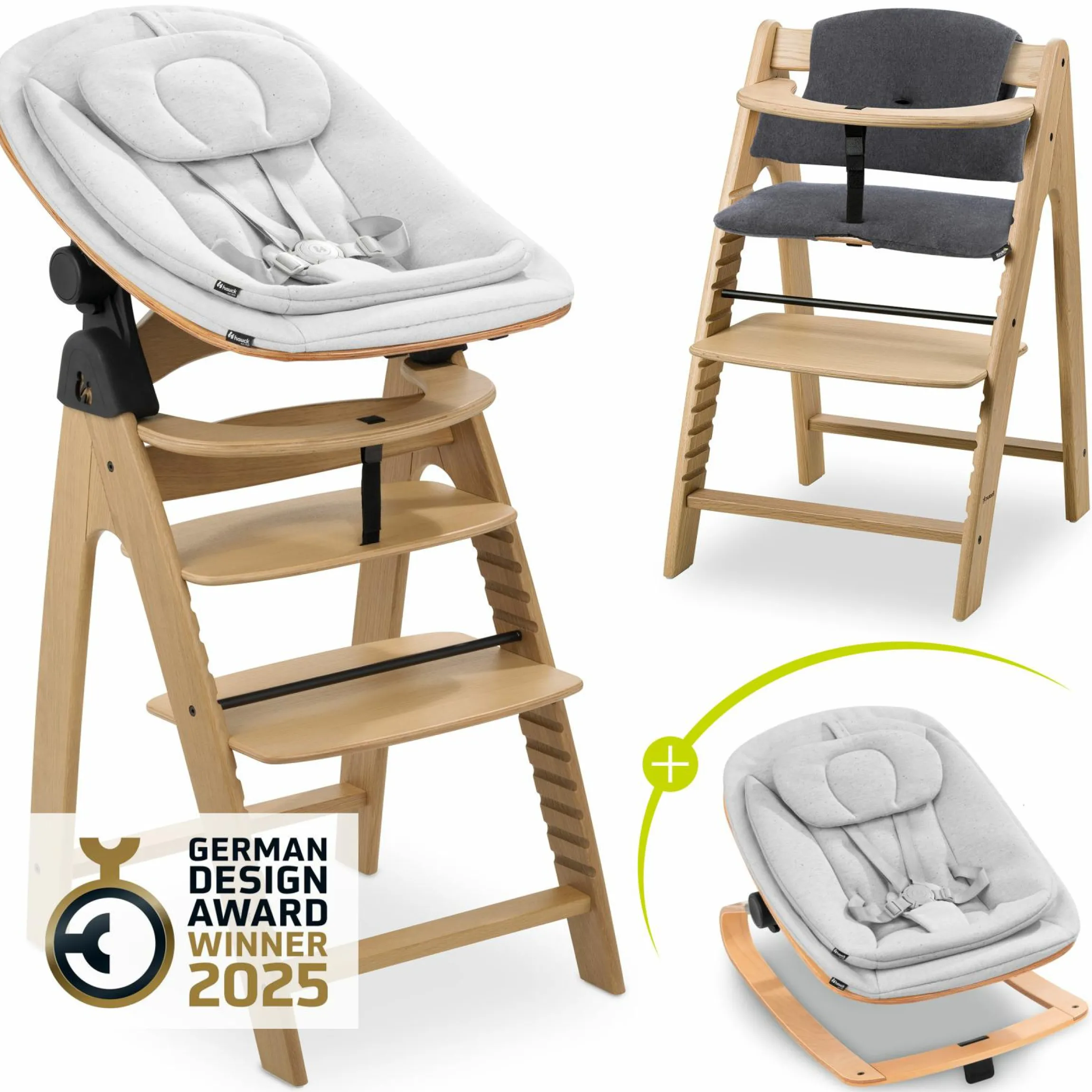 Arketa Oak 4-tlg. Newborn Set Eco - Hochstuhl + 2in1 Babyaufsatz & Wippe + Sitzkissen - Light Grey / Charcoal