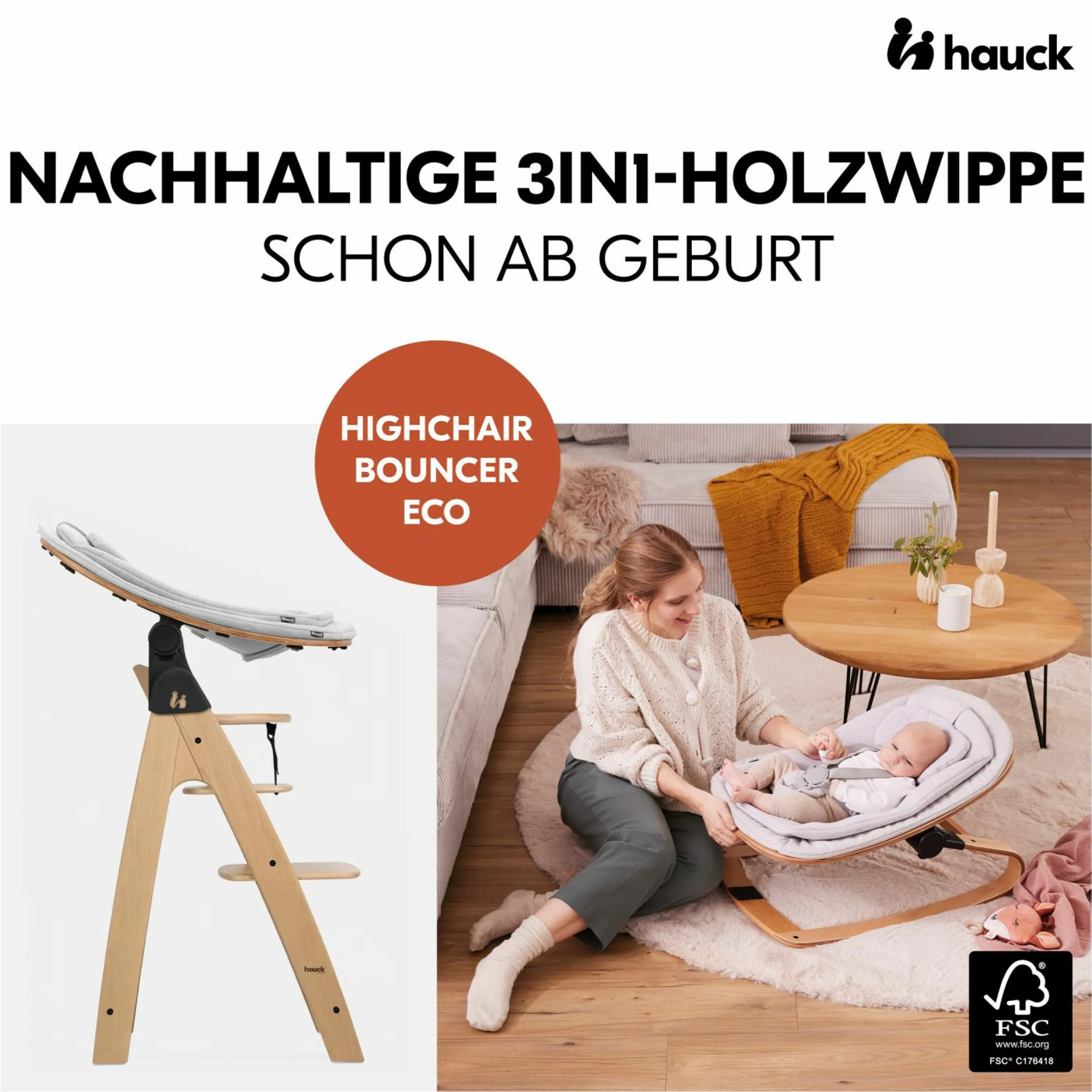 Arketa Oak 4-tlg. Newborn Set Eco - Hochstuhl + 2in1 Babyaufsatz & Wippe + Sitzkissen - Light Grey / Charcoal
