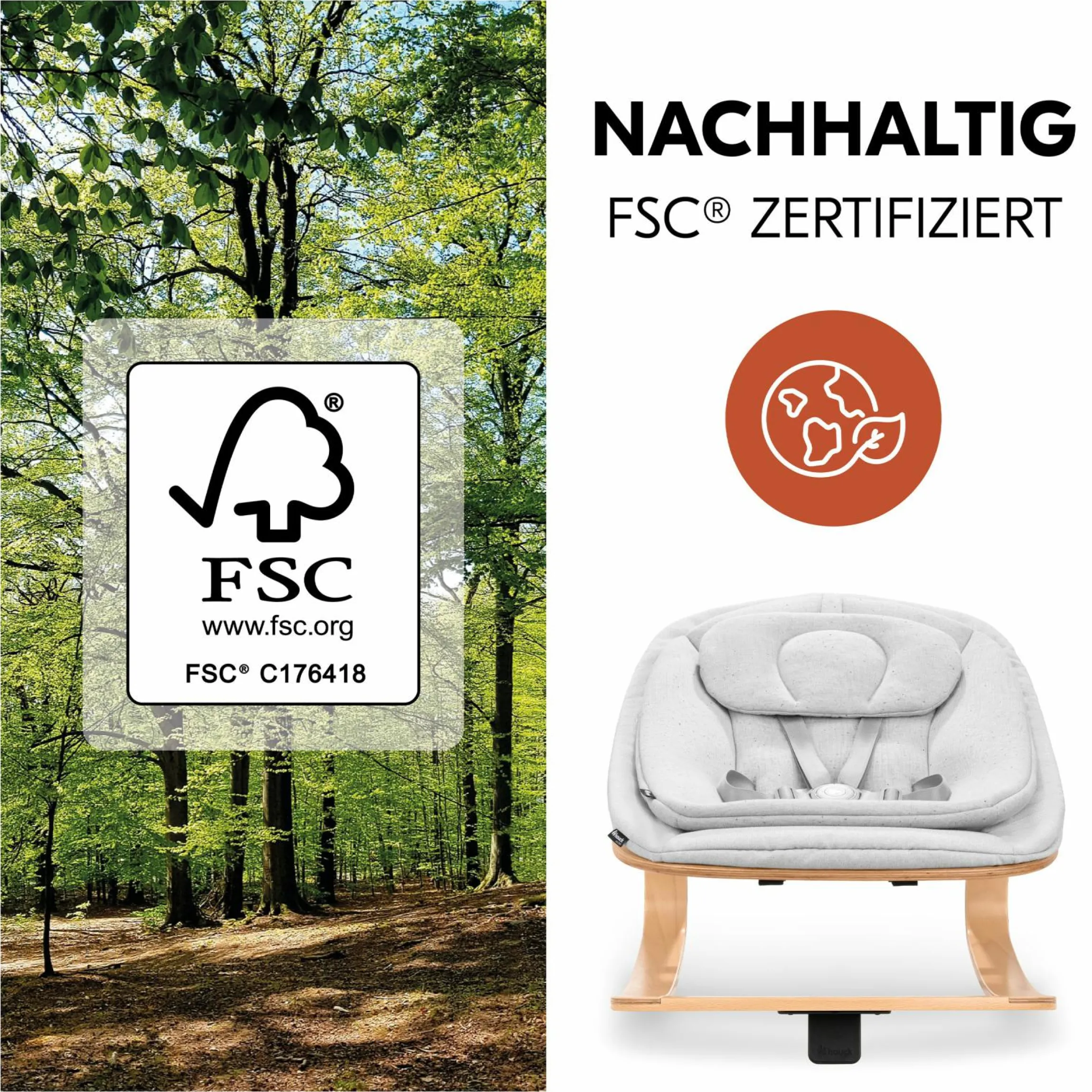 Arketa Oak 4-tlg. Newborn Set Eco - Hochstuhl + 2in1 Babyaufsatz & Wippe + Sitzkissen - Light Grey / Charcoal