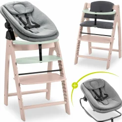 Arketa Whitewashed Mint 4-tlg. Newborn Set - Hochstuhl + 2in1 Babyaufsatz & Wippe + Sitzkissen - Melange Dark Grey