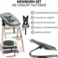 Arketa Whitewashed Mint 4-tlg. Newborn Set - Hochstuhl + 2in1 Babyaufsatz & Wippe + Sitzkissen - Melange Dark Grey