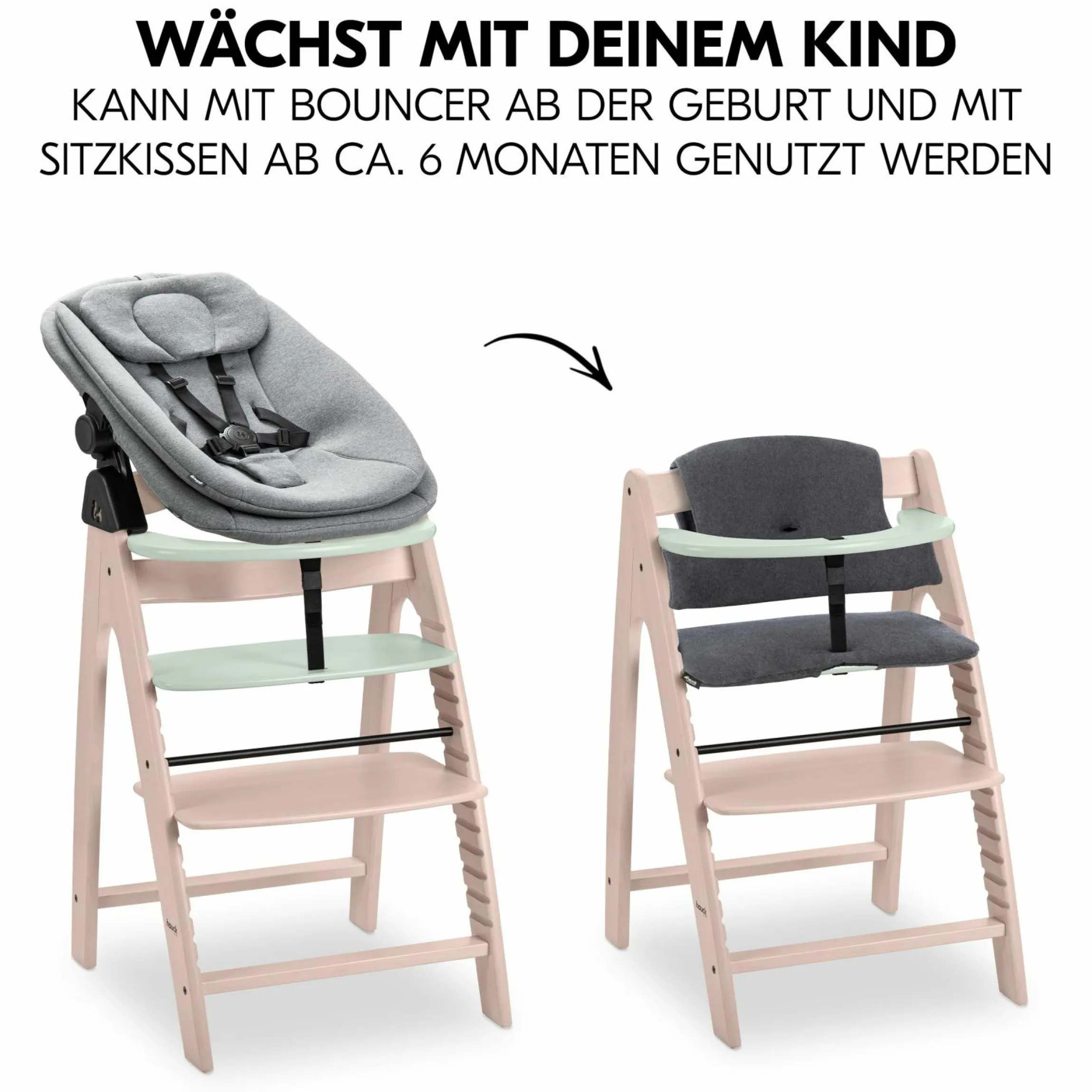 Arketa Whitewashed Mint 4-tlg. Newborn Set - Hochstuhl + 2in1 Babyaufsatz & Wippe + Sitzkissen - Melange Dark Grey