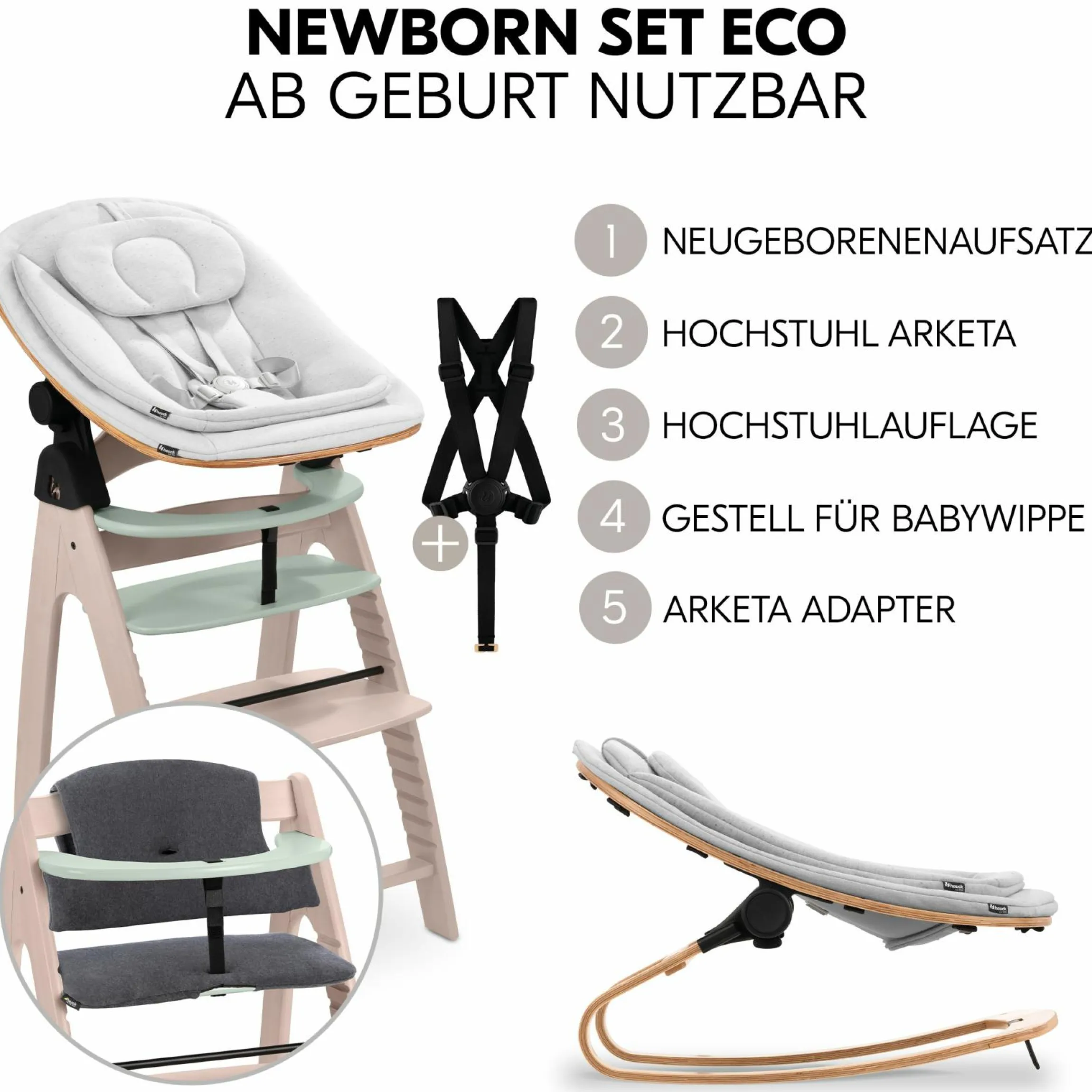 Arketa Whitewashed Mint 4-tlg. Newborn Set Eco - Hochstuhl + 2in1 Babyaufsatz & Wippe + Sitzkissen - Light Grey / Charcoal