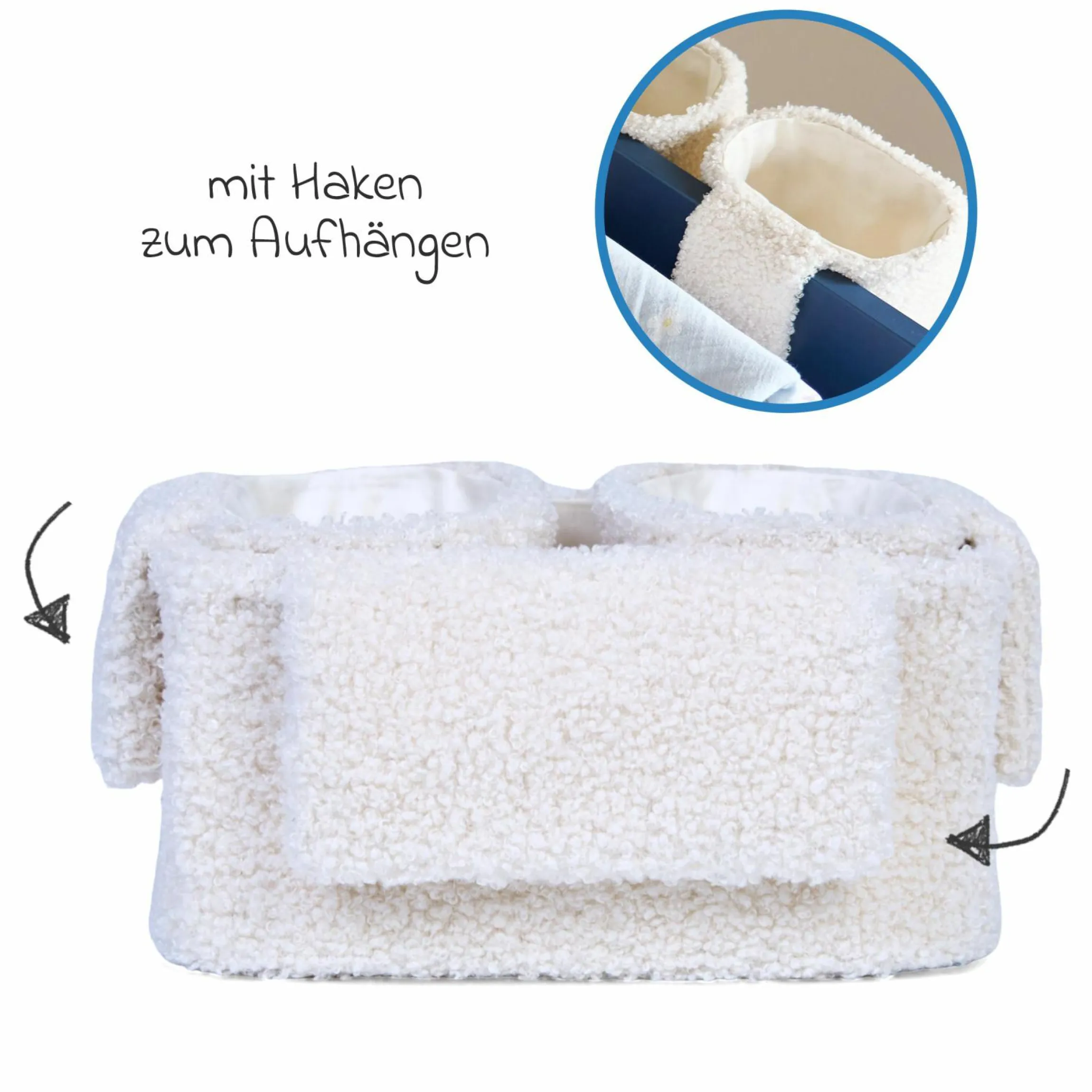 Aufbewahrungskorb 3er Set mit Haken zum Aufhängen - Teddy - Offwhite