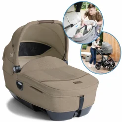 Auto-Babywanne Calmi R129 (40 cm - 75 cm) ab Geburt - 12 Monate im Auto und auf den Kinderwagen Vinca, Aeria, Finiti verwendbar inkl. Regenschutz - Signature - Sandstone