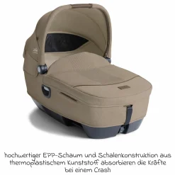 Auto-Babywanne Calmi R129 (40 cm - 75 cm) ab Geburt - 12 Monate im Auto und auf den Kinderwagen Vinca, Aeria, Finiti verwendbar inkl. Regenschutz - Signature - Sandstone