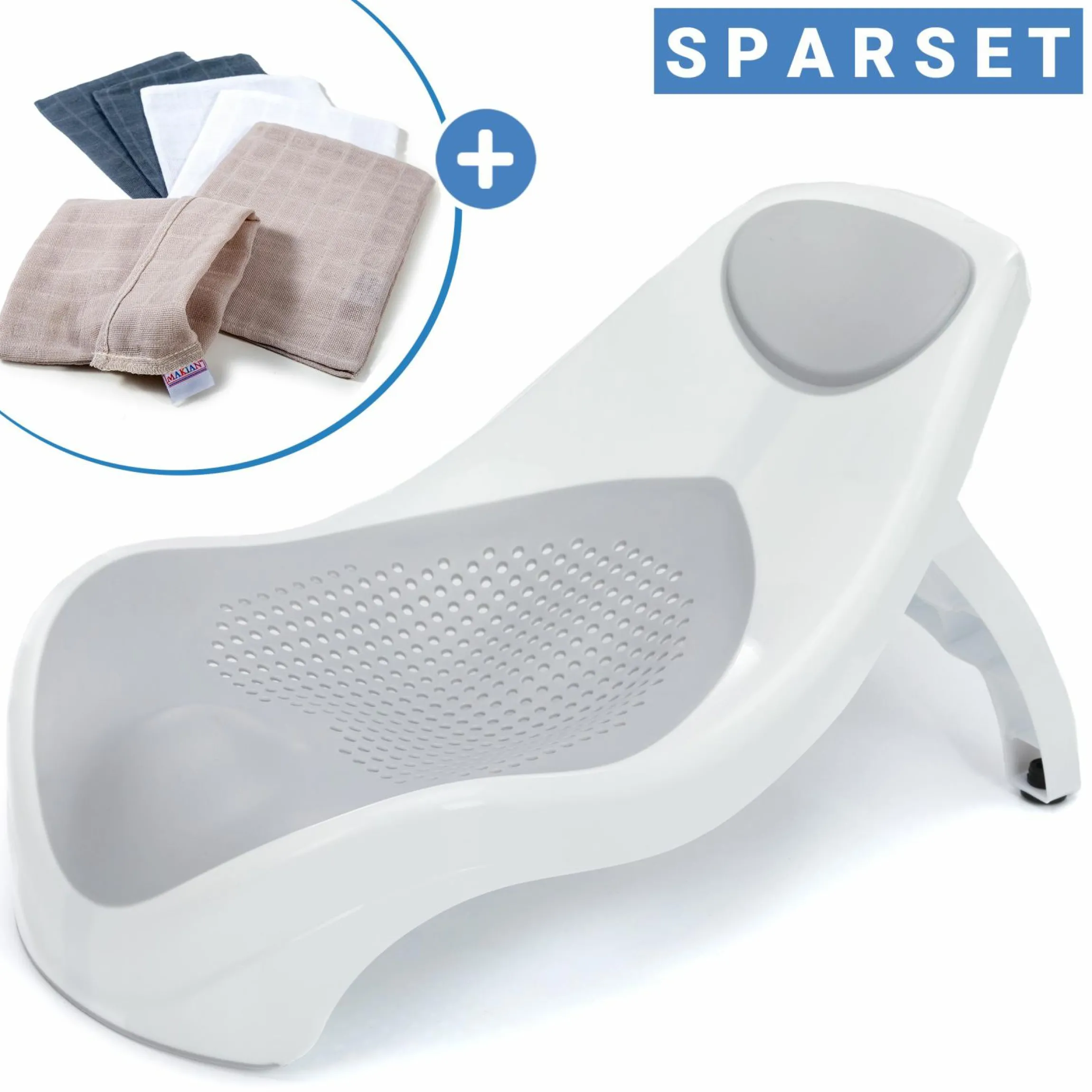 Baby-Badewannensitz Delfin mit ergonomischer Form inkl. Mull-Waschhandschuh 6er Pack - Grau