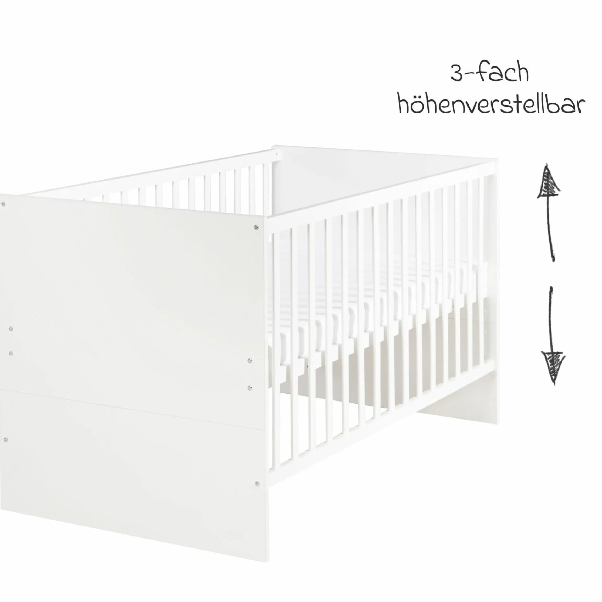 Babybett und Kinderbett Anton mit 3-fach höhenverstellbarem Lattenrost und 3 Schlupfsprossen 70 x 140 cm - Weiß - Kollektion 2024