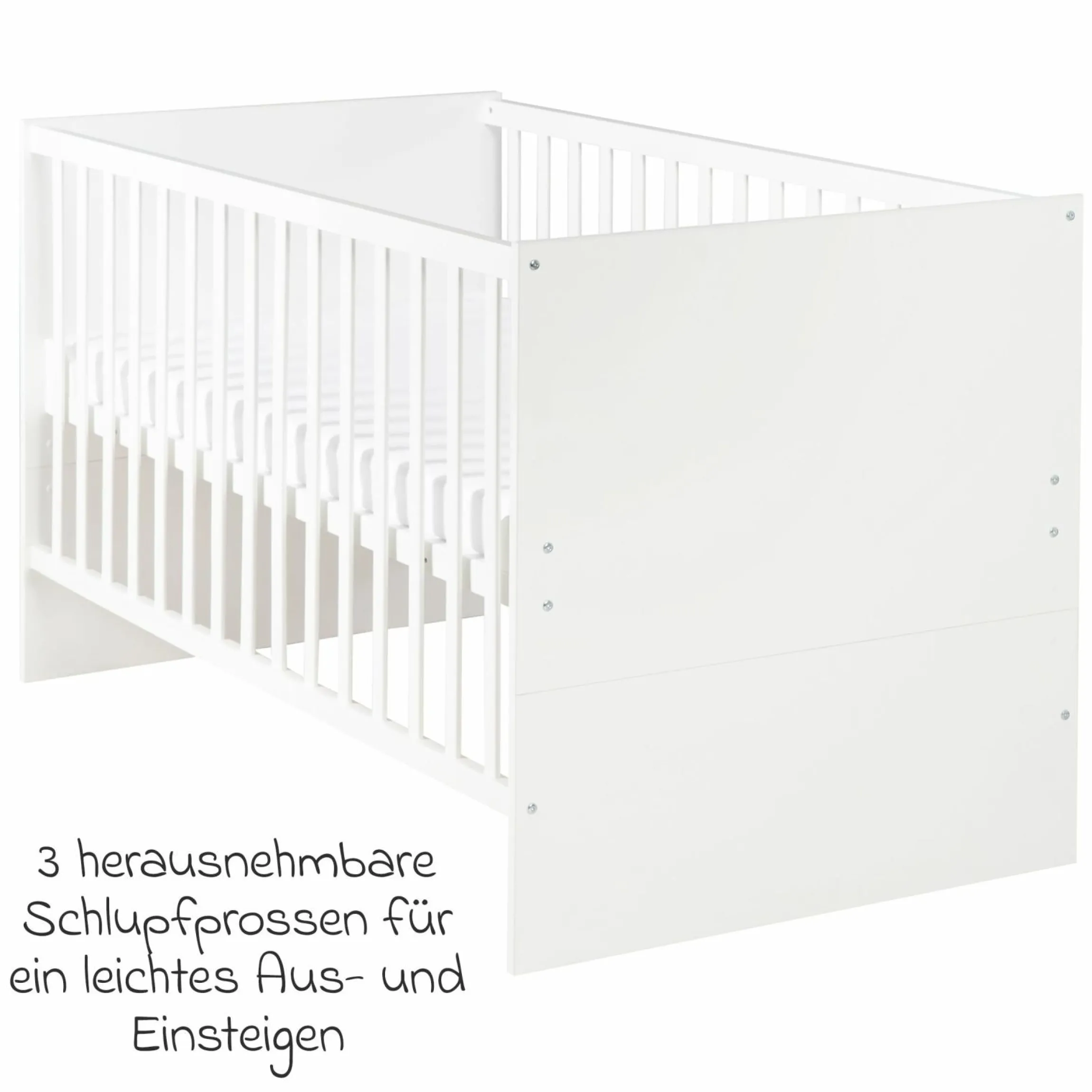 Babybett und Kinderbett Anton mit 3-fach höhenverstellbarem Lattenrost und 3 Schlupfsprossen 70 x 140 cm - Weiß - Kollektion 2024