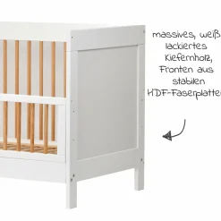 Babybett und Kinderbett Erwin mit 3-fach höhenverstellbarem Lattenrost und 3 Schlupfsprossen 70 x 140 cm - Weiß Gitter Natur