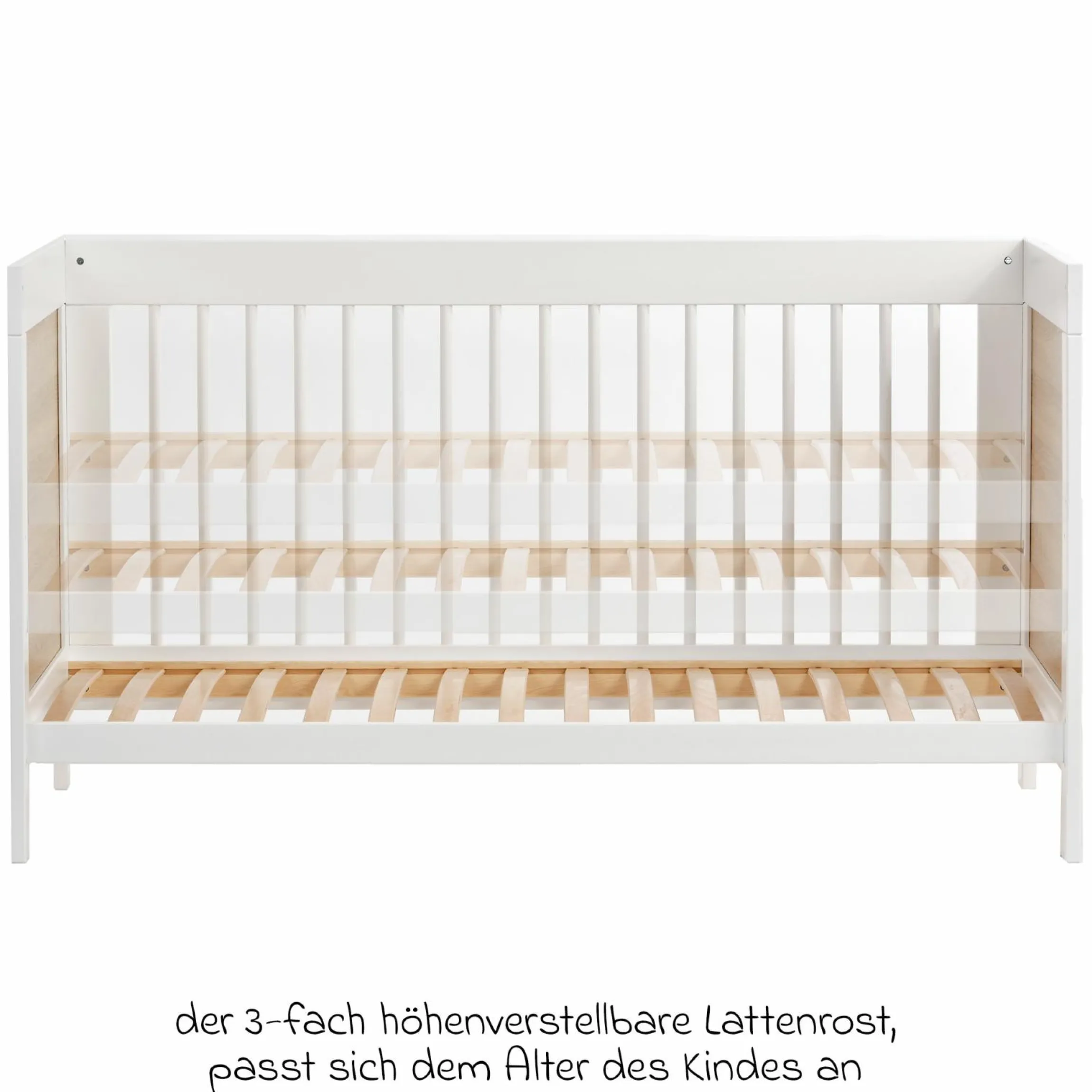 Babybett und Kinderbett Erwin mit 3-fach höhenverstellbarem Lattenrost und 3 Schlupfsprossen 70 x 140 cm - Weiß Gitter Natur