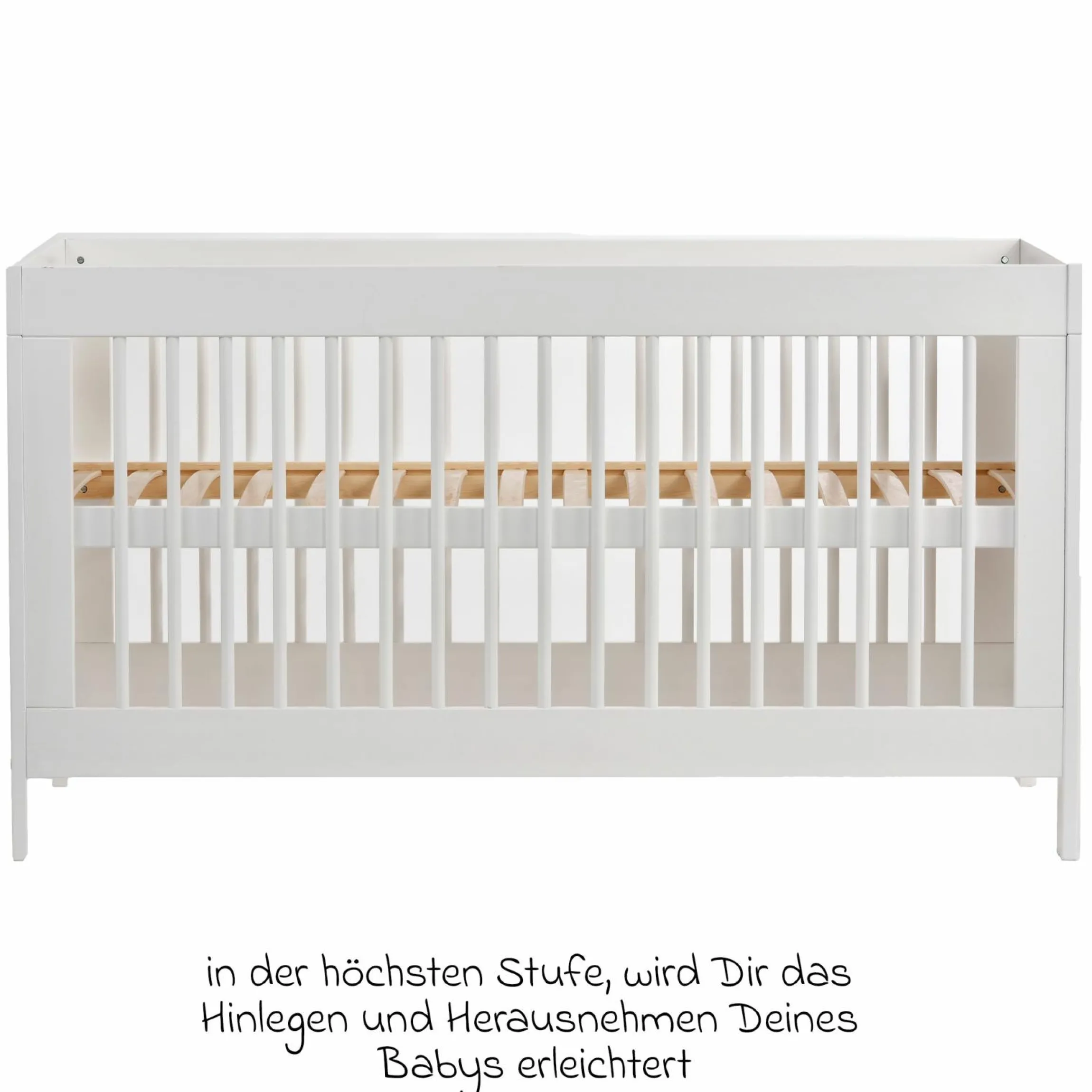 Babybett und Kinderbett Erwin mit 3-fach höhenverstellbarem Lattenrost und 3 Schlupfsprossen 70 x 140 cm - Weiß Gitter Natur