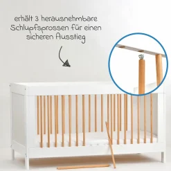 Babybett und Kinderbett Erwin mit 3-fach höhenverstellbarem Lattenrost und 3 Schlupfsprossen 70 x 140 cm - Weiß Gitter Natur