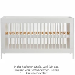 Babybett und Kinderbett Erwin mit 3-fach höhenverstellbarem Lattenrost und 3 Schlupfsprossen 70 x 140 cm - Weiß Eiche