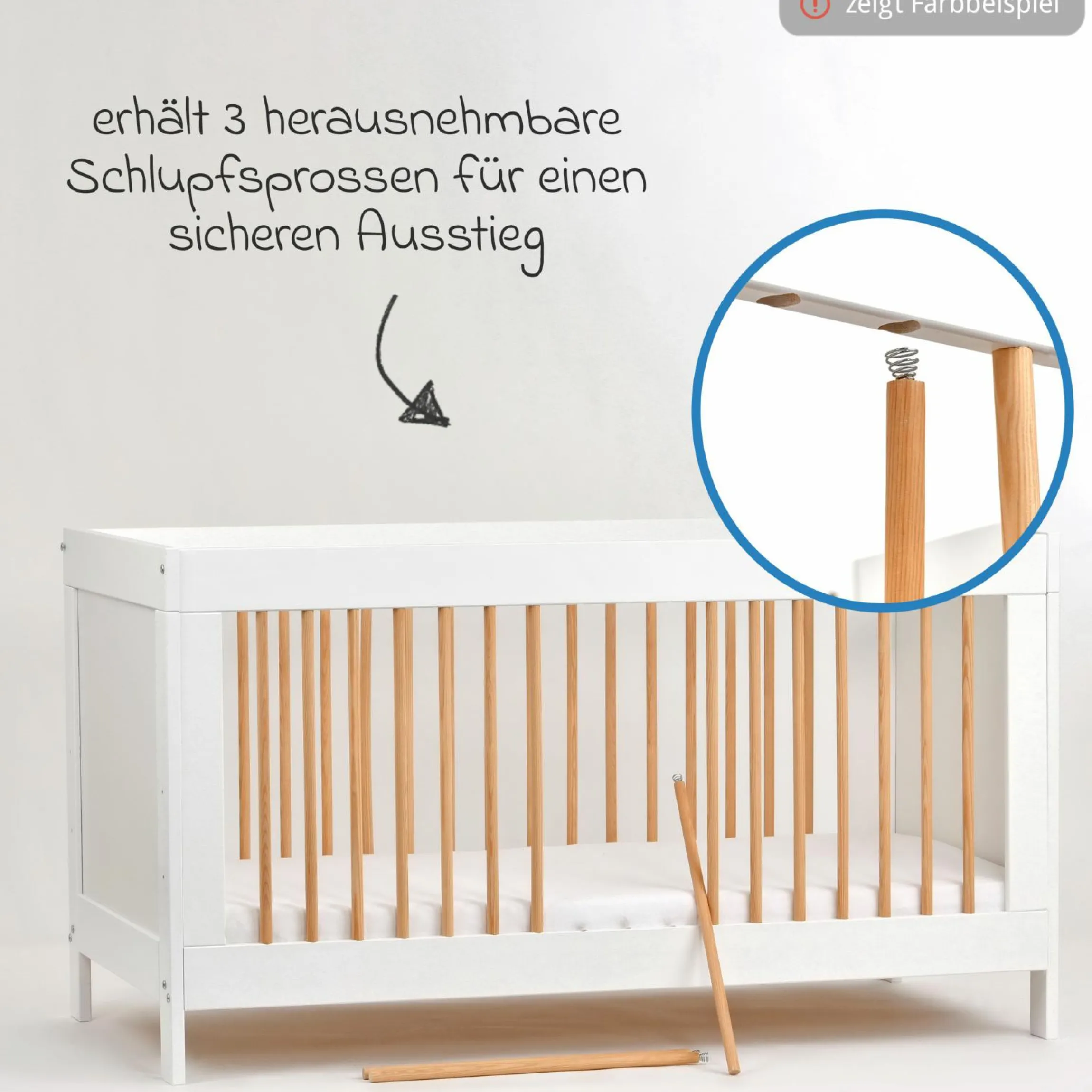 Babybett und Kinderbett Erwin mit 3-fach höhenverstellbarem Lattenrost und 3 Schlupfsprossen 70 x 140 cm - Weiß Eiche