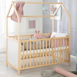 Babybett und Kinderbett in Hausoptik 70 x 140 cm - Natur Weiß