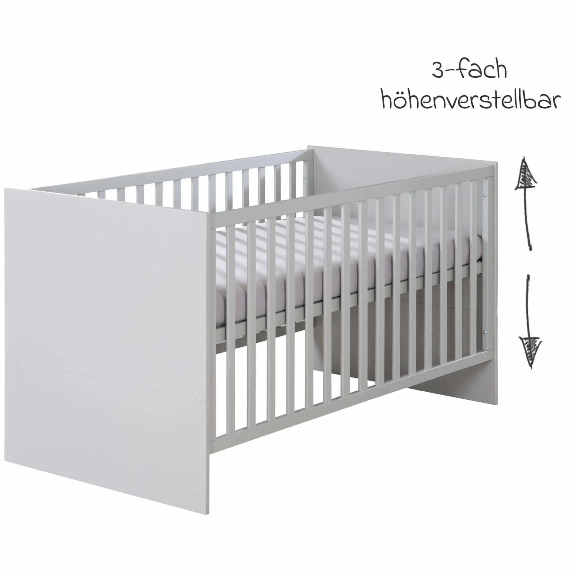 Babybett und Kinderbett Lea mit 3-fach höhenverstellbarem Lattenrost und 3 Schlupfsprossen 70 x 140 cm - Grau - Kollektion 2024