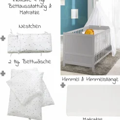 Babybett-Komplett-Set Taupe - inkl. Bettwäsche, Himmel, Nestchen & Matratze 70 x 140 cm - Sternenzauber Grau