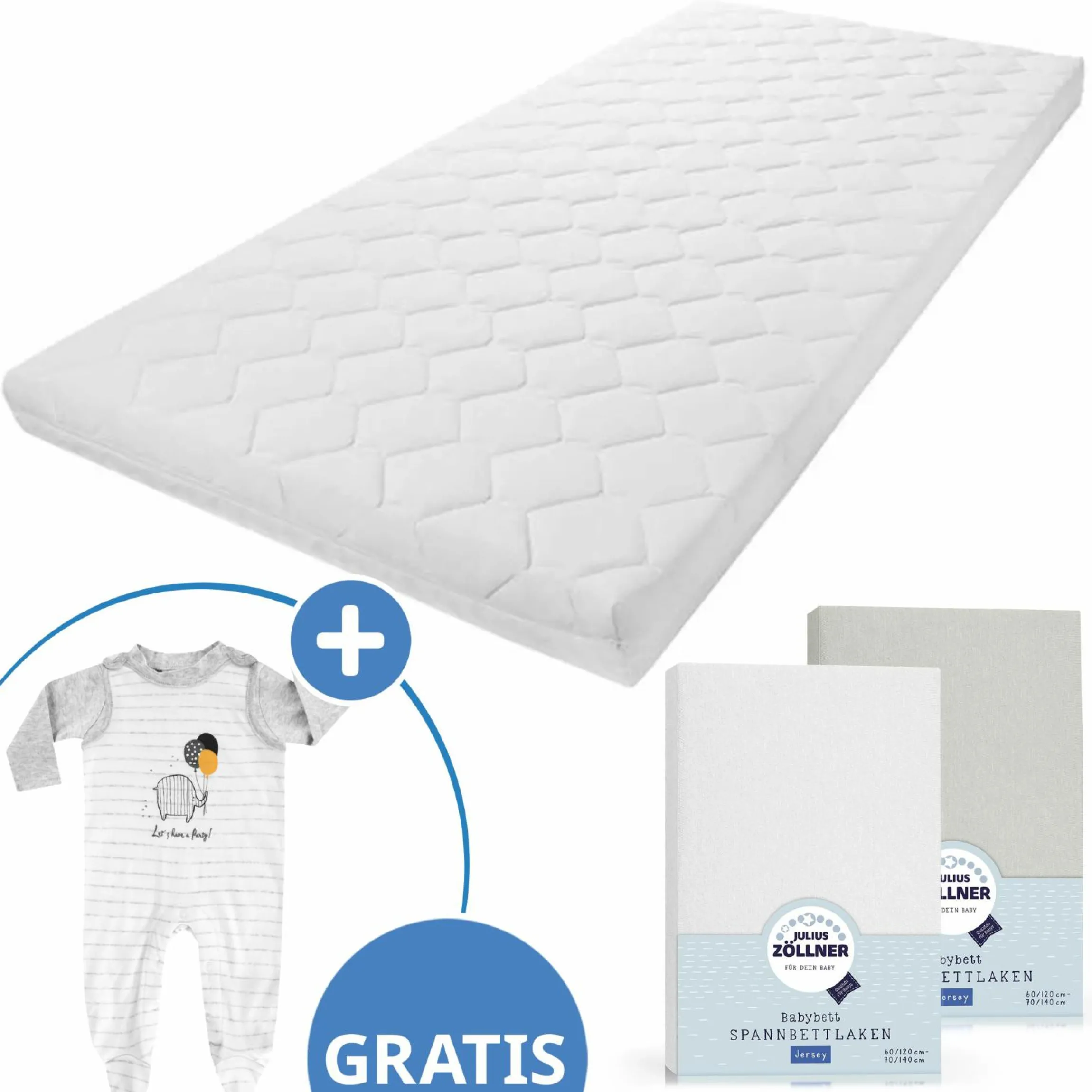 Babybett-Matratze Baby Soft 70 x 140 cm inkl. 2 Spannbettlaken + GRATIS Strampler & Shirt - Let`s have a Party