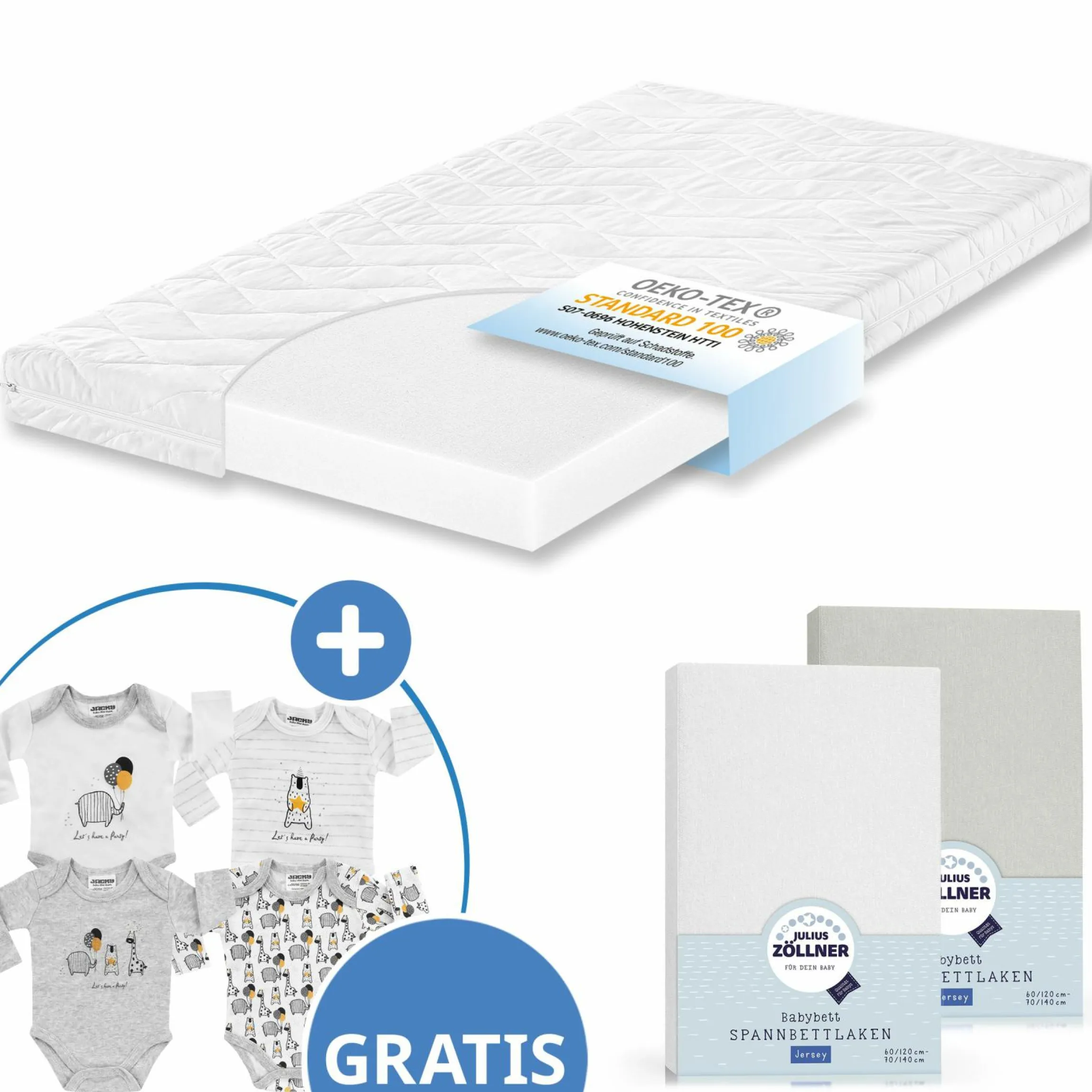 Babybett-Matratze Jan 70 x 140 cm inkl. 2 Spannbettlaken + GRATIS Body 4er Pack - Let`s have a Party