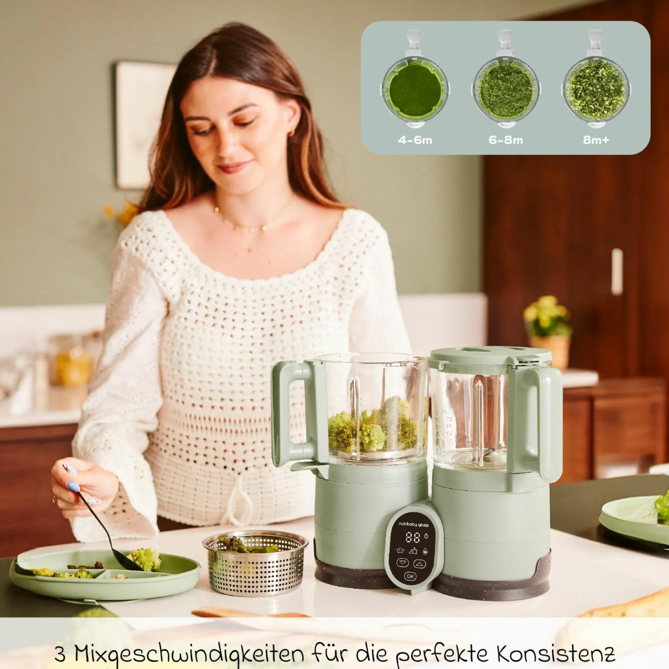 Babynahrungszubereiter Nutribaby Glass - schonendes Dampfgaren, Mixen, Sterilisieren, Aufwärmen & Auftauen - Green Celadon