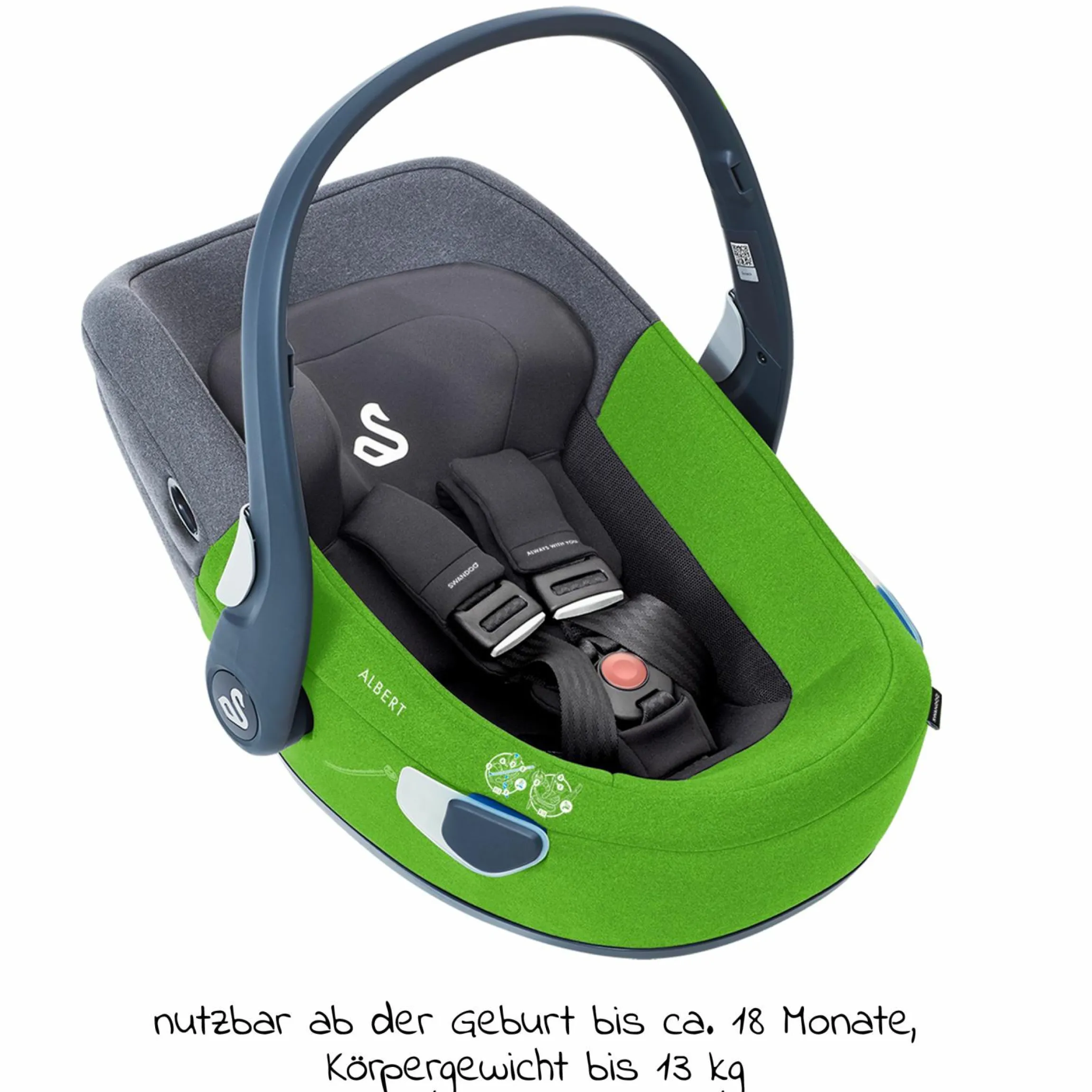 Babyschale Albert i-Size 1.2 ab Geburt - 18 Monate (40 cm - 85 cm, bis 13 kg) inkl. Neugeboreneneinlage, Sonnenverdeck & verstellbare Kopfstütze - Lime Sesame Grey