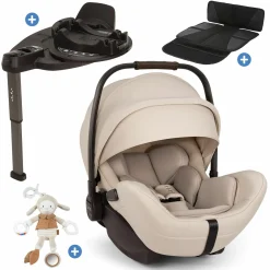 Babyschale ARRA flex i-Size inkl. Base Curv ab Geburt bis 13 kg (40 cm - 87 cm) Liegeposition 157° , Sitzverkleinerer, Sonnenverdeck, Polsterschutz, Spieltier - Biscotti