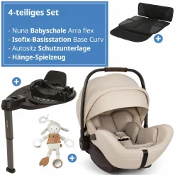 Babyschale ARRA flex i-Size inkl. Base Curv ab Geburt bis 13 kg (40 cm - 87 cm) Liegeposition 157° , Sitzverkleinerer, Sonnenverdeck, Polsterschutz, Spieltier - Biscotti