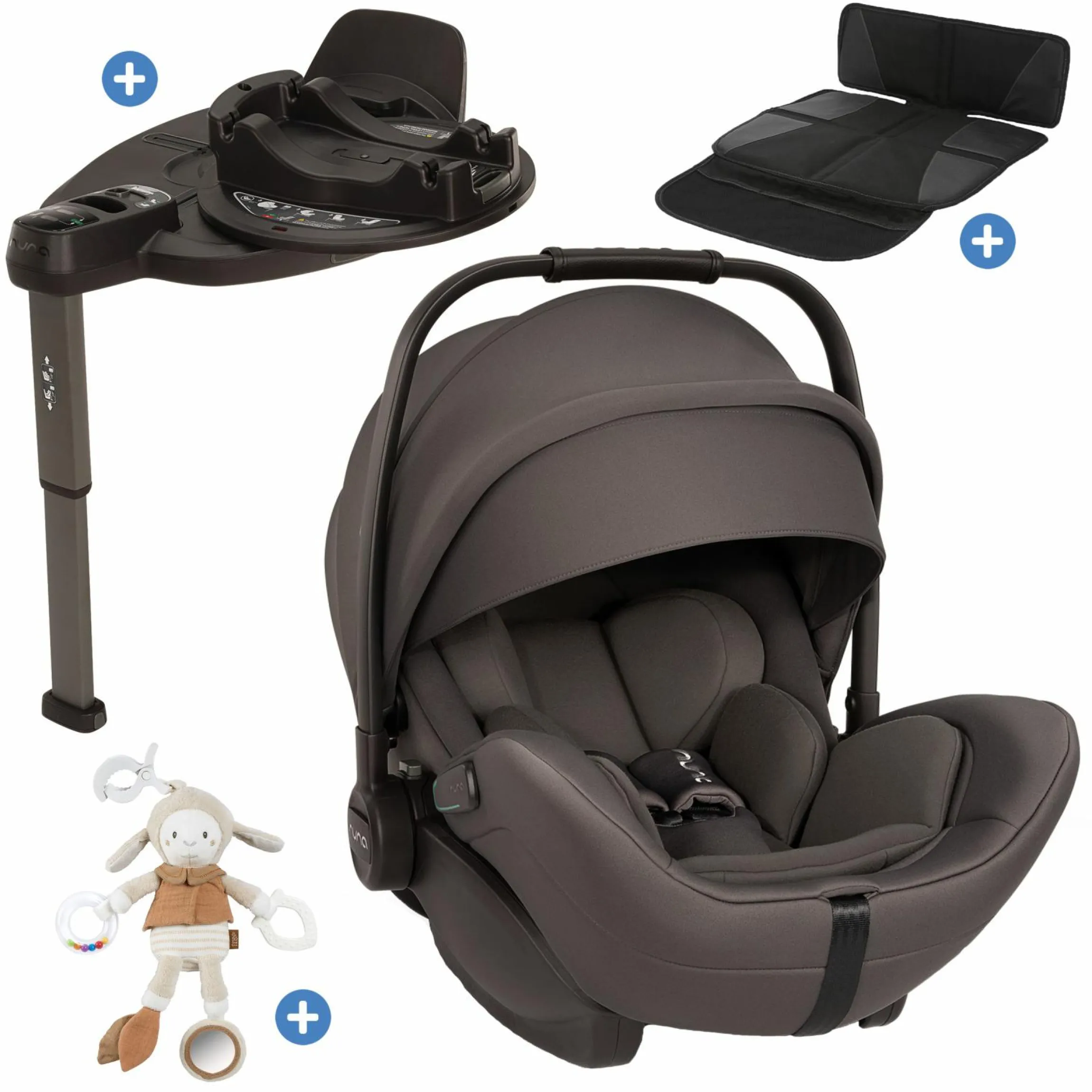 Babyschale ARRA flex i-Size inkl. Base Curv ab Geburt bis 13 kg (40 cm - 87 cm) Liegeposition 157° , Sitzverkleinerer, Sonnenverdeck, Polsterschutz, Spieltier - Thunder