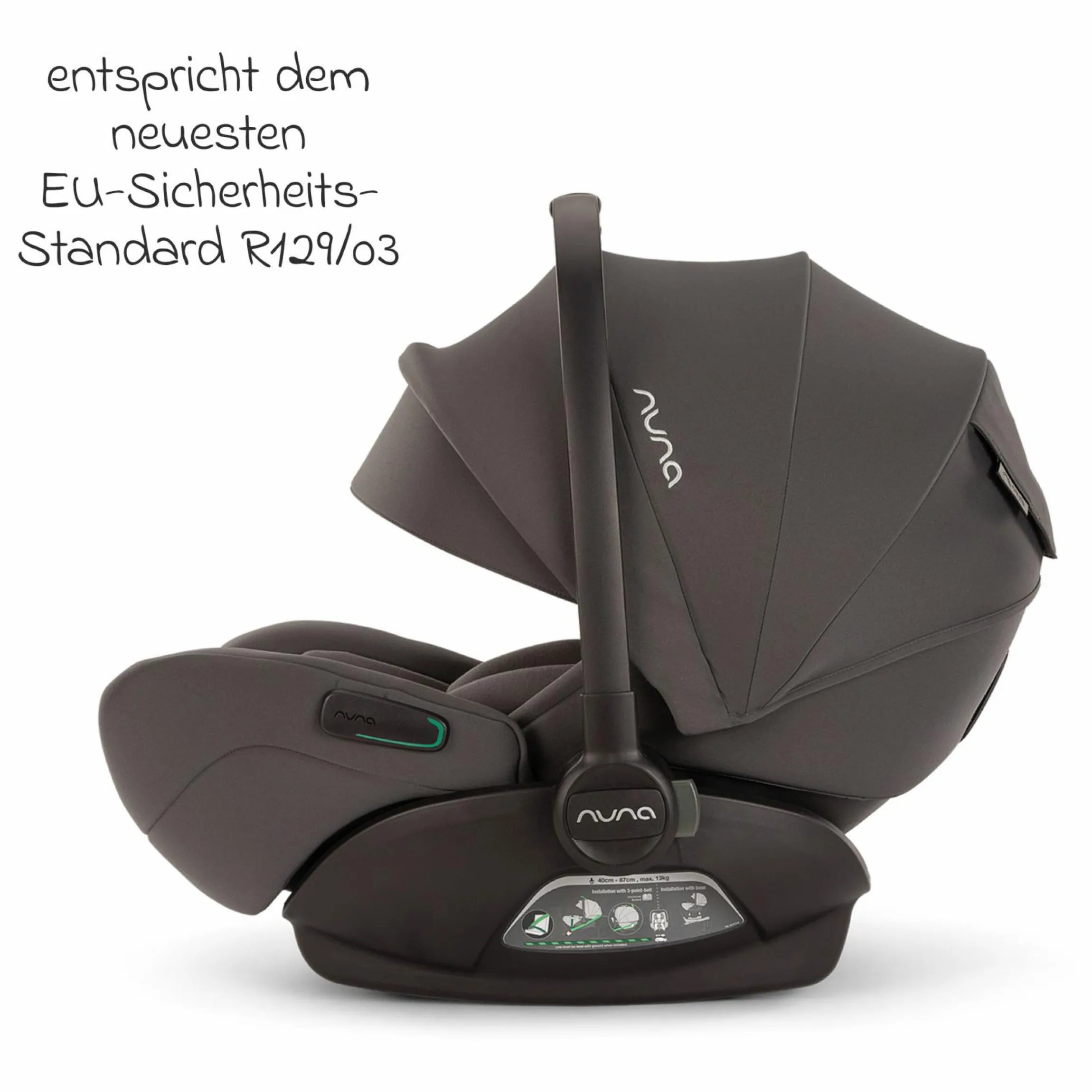 Babyschale ARRA flex i-Size inkl. Base Curv ab Geburt bis 13 kg (40 cm - 87 cm) Liegeposition 157° , Sitzverkleinerer, Sonnenverdeck, Polsterschutz, Spieltier - Thunder